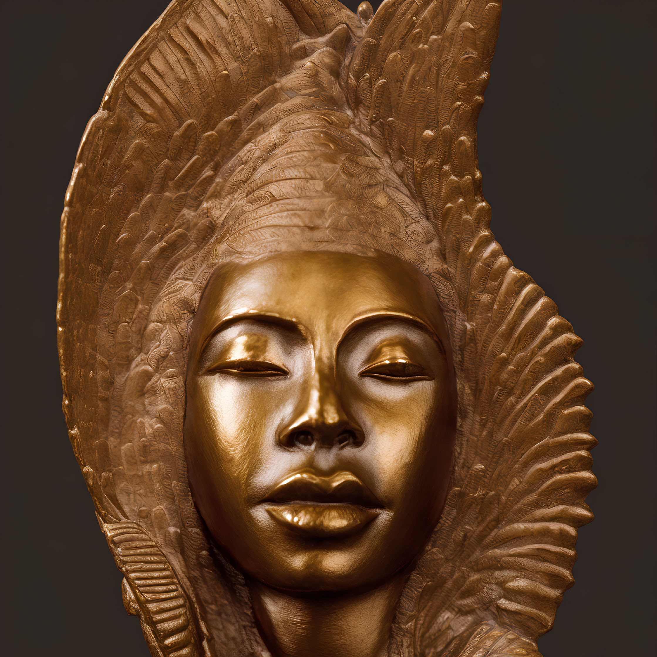 Golden mask with closed eyes and feathered headdress on dark background