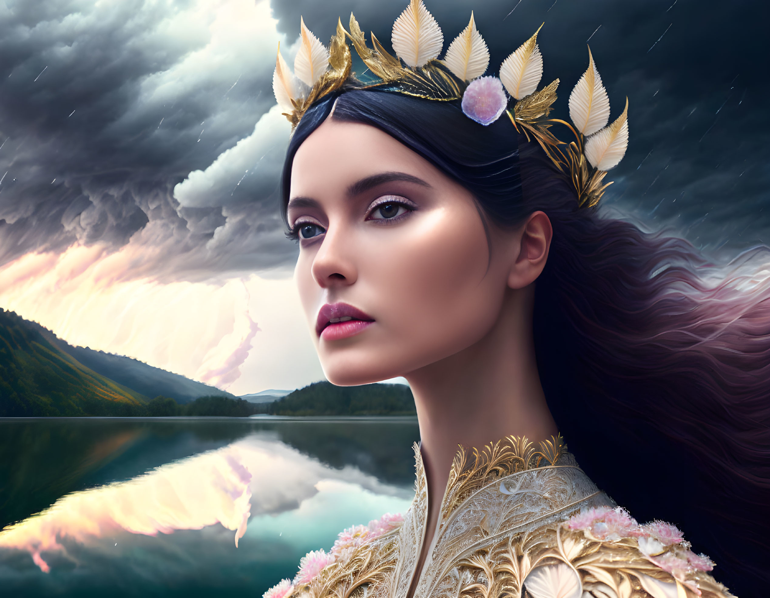 Woman in golden crown and intricate dress against stormy sky and serene lake at dusk