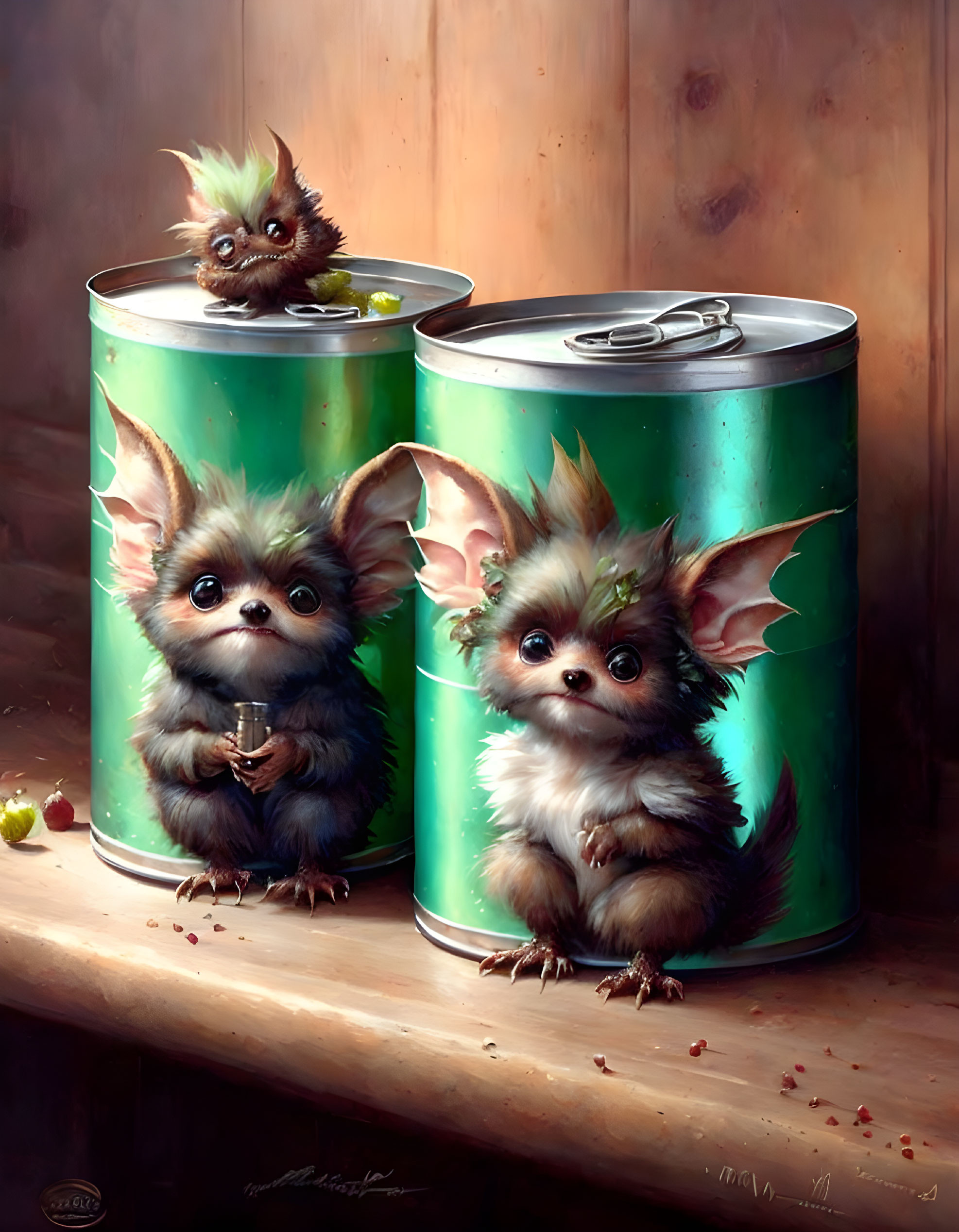 Three fluffy gremlin-like creatures on green cans on wood surface