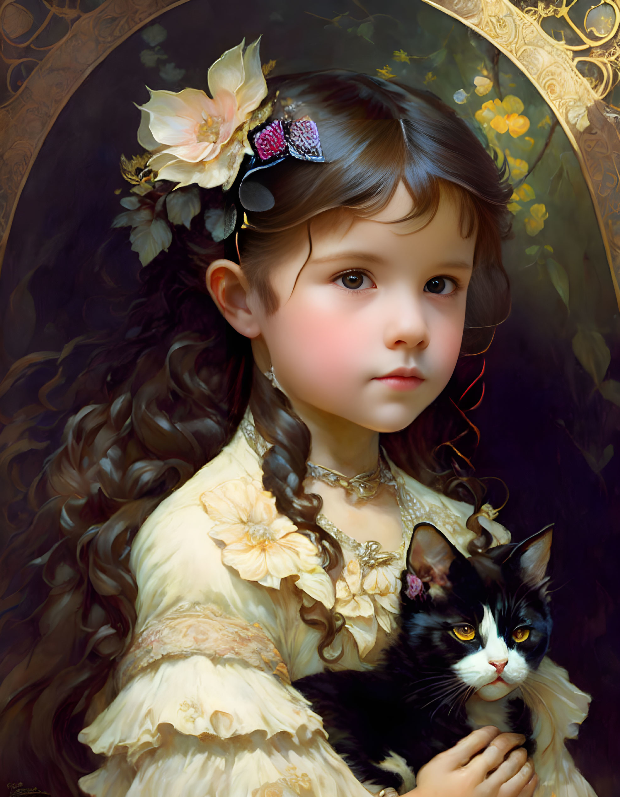 Detailed Portrait: Young Girl Holding Black & White Cat with Golden Floral Patterns