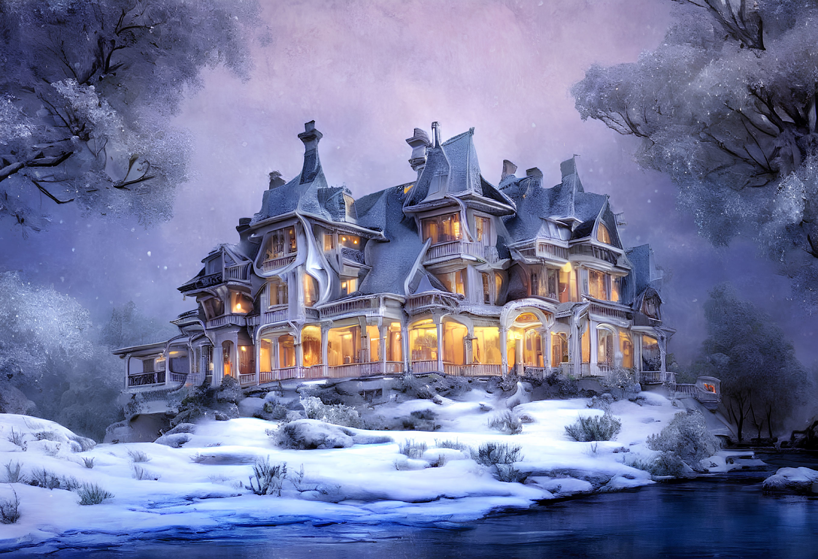 Victorian-style mansion in snowy twilight landscape with river & bare trees