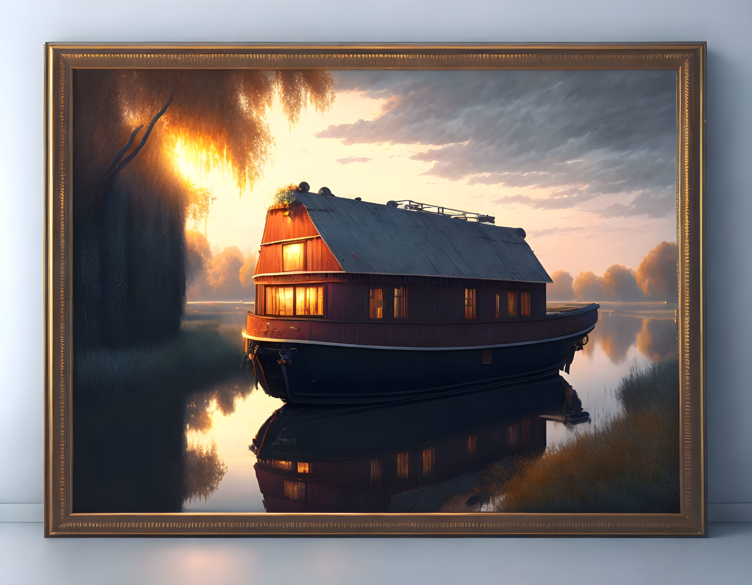 Serene houseboat scene at twilight with warm glow