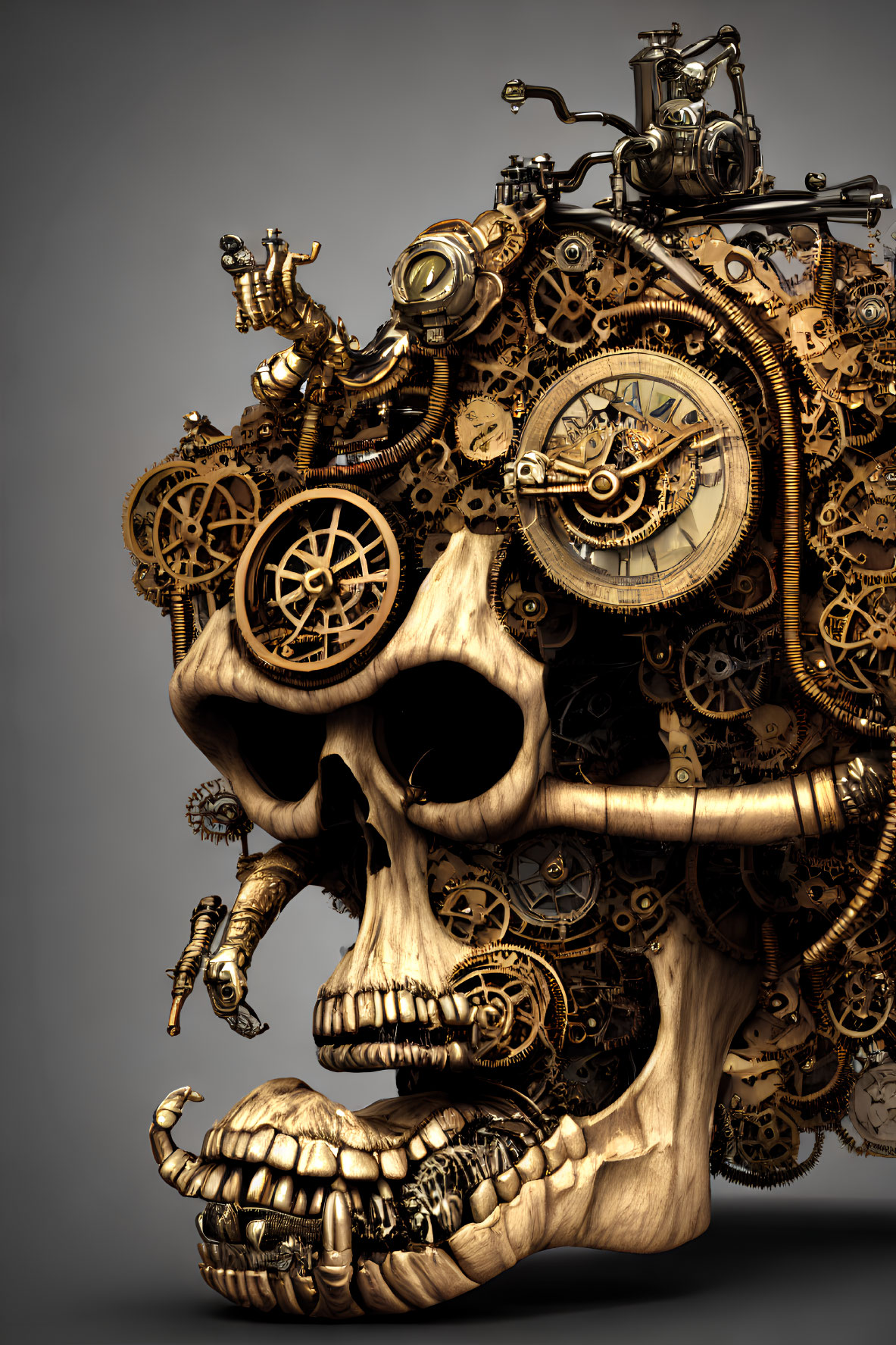 Steampunk-style 3D skull with mechanical gears and cogs on neutral backdrop