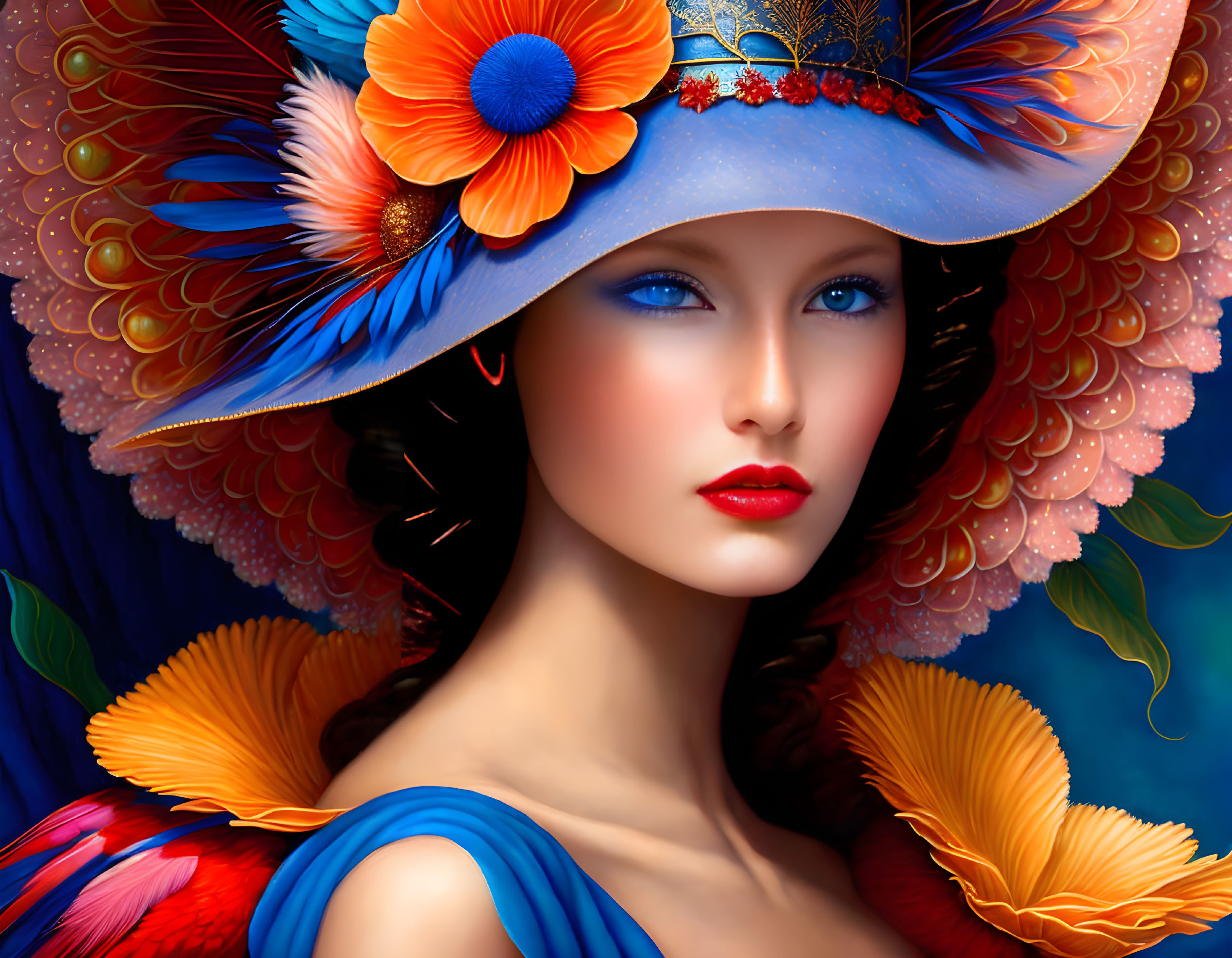 Colorful digital portrait of a woman in decorative blue hat with feathers and flowers.