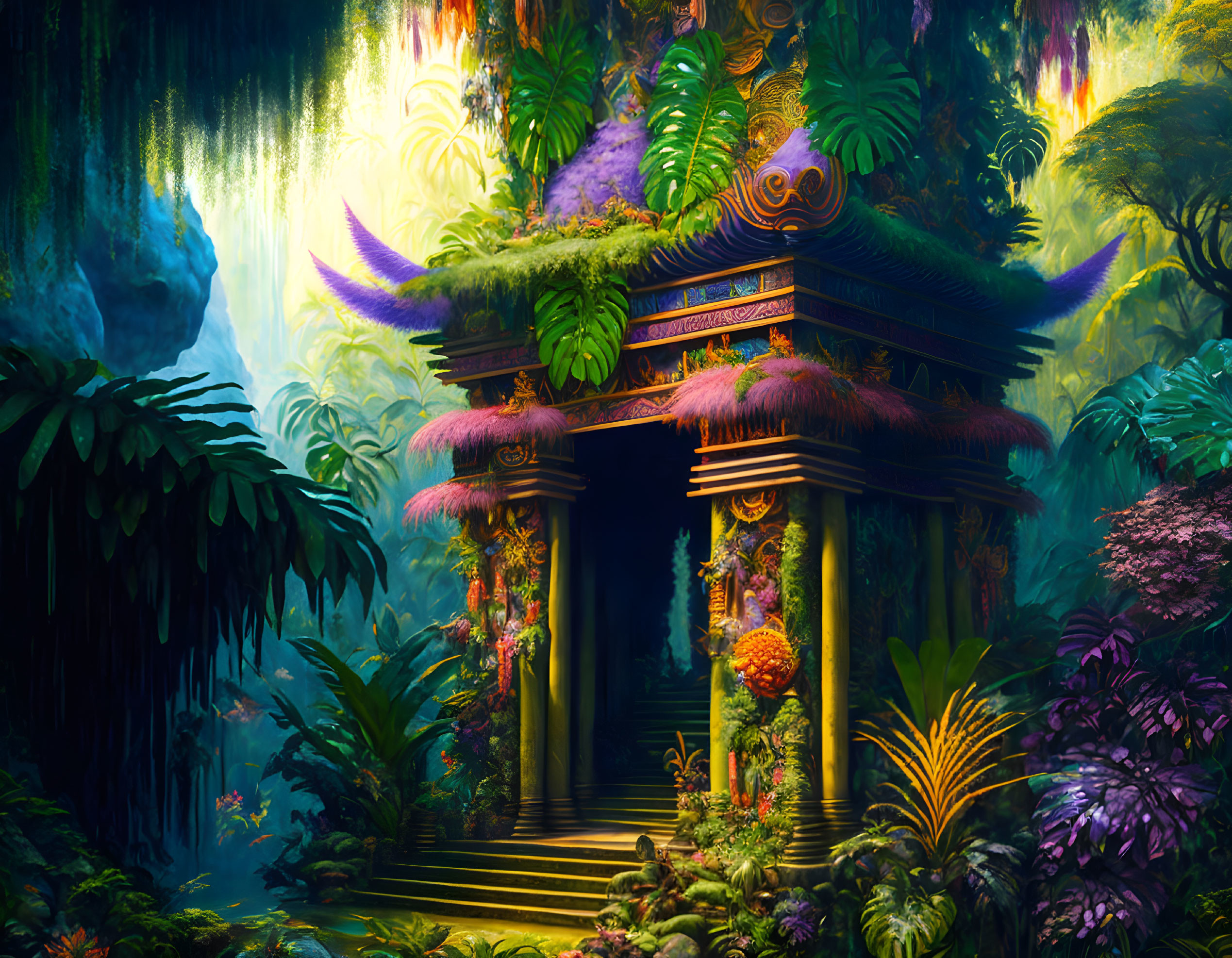 Mystical temple surrounded by lush pink and green foliage