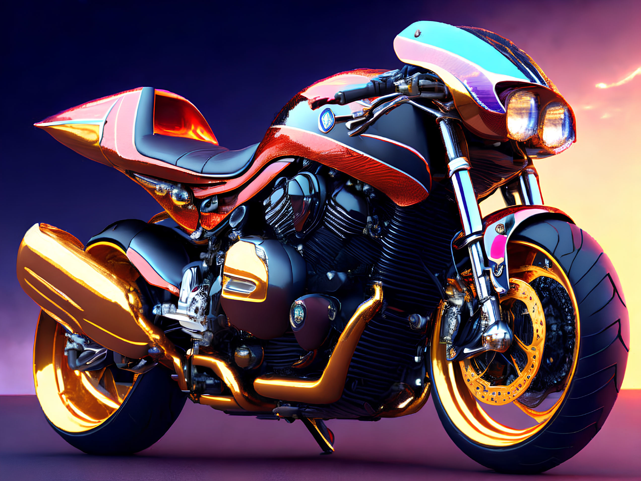 Sleek Orange Motorcycle on Purple and Pink Gradient Background