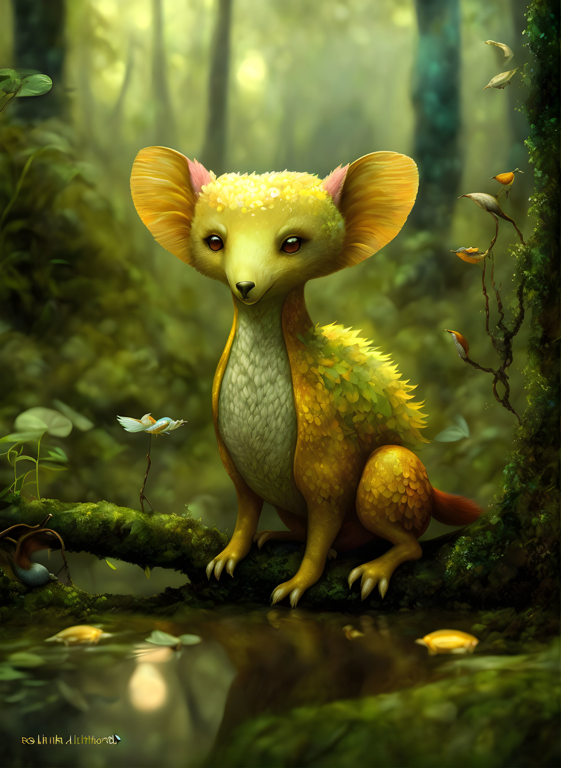 Illustration: Fennec fox-dragon creature in enchanted forest