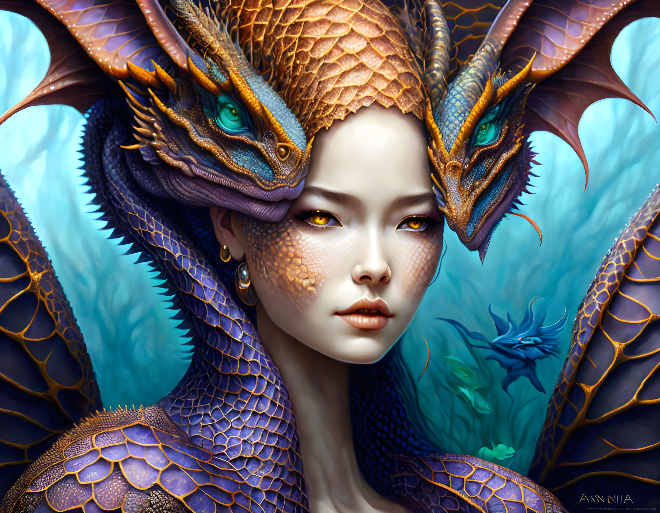 Serene woman with blue and orange dragons in mystical setting