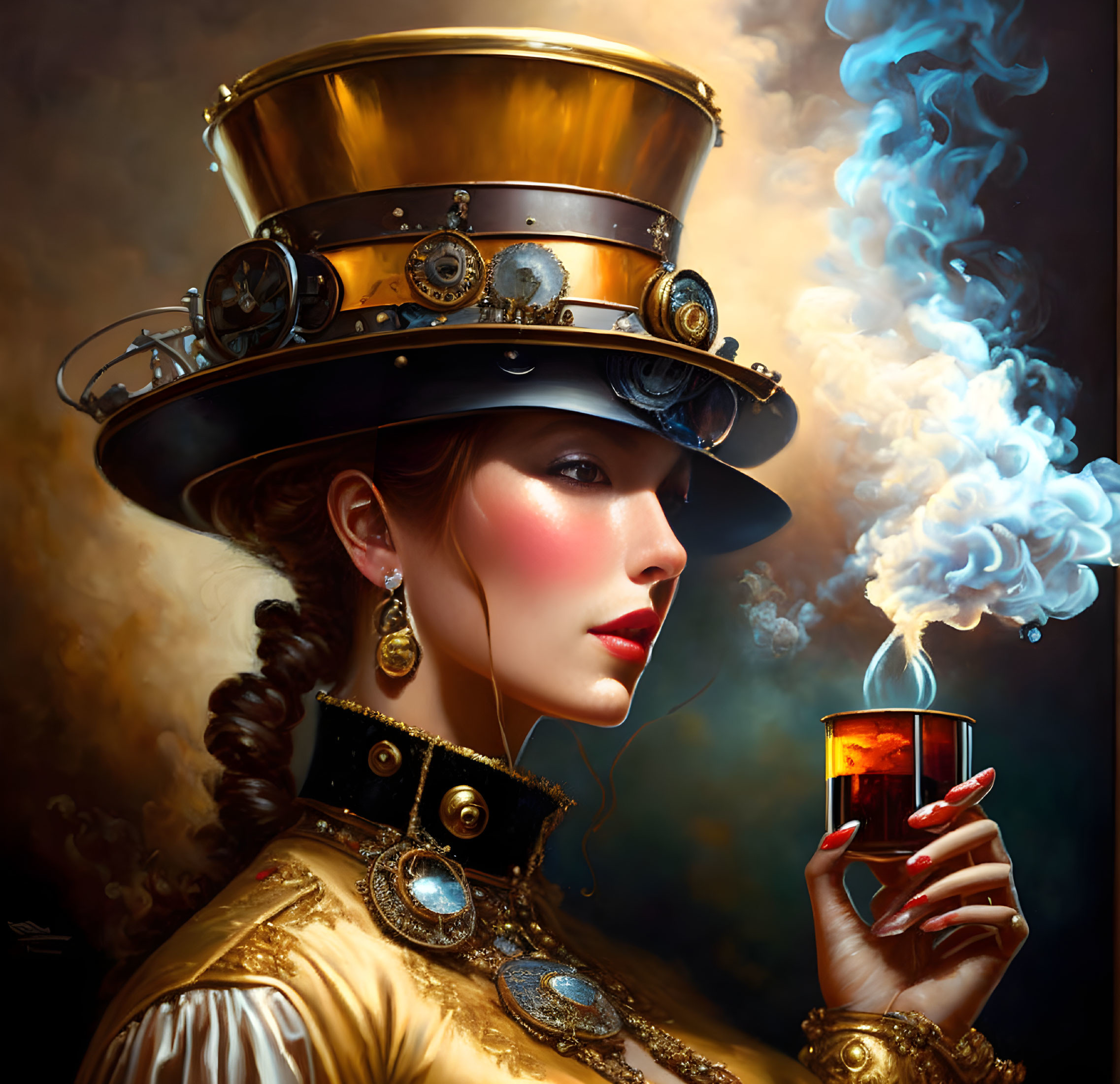 Steampunk-themed woman in Victorian outfit holding a smoking drink