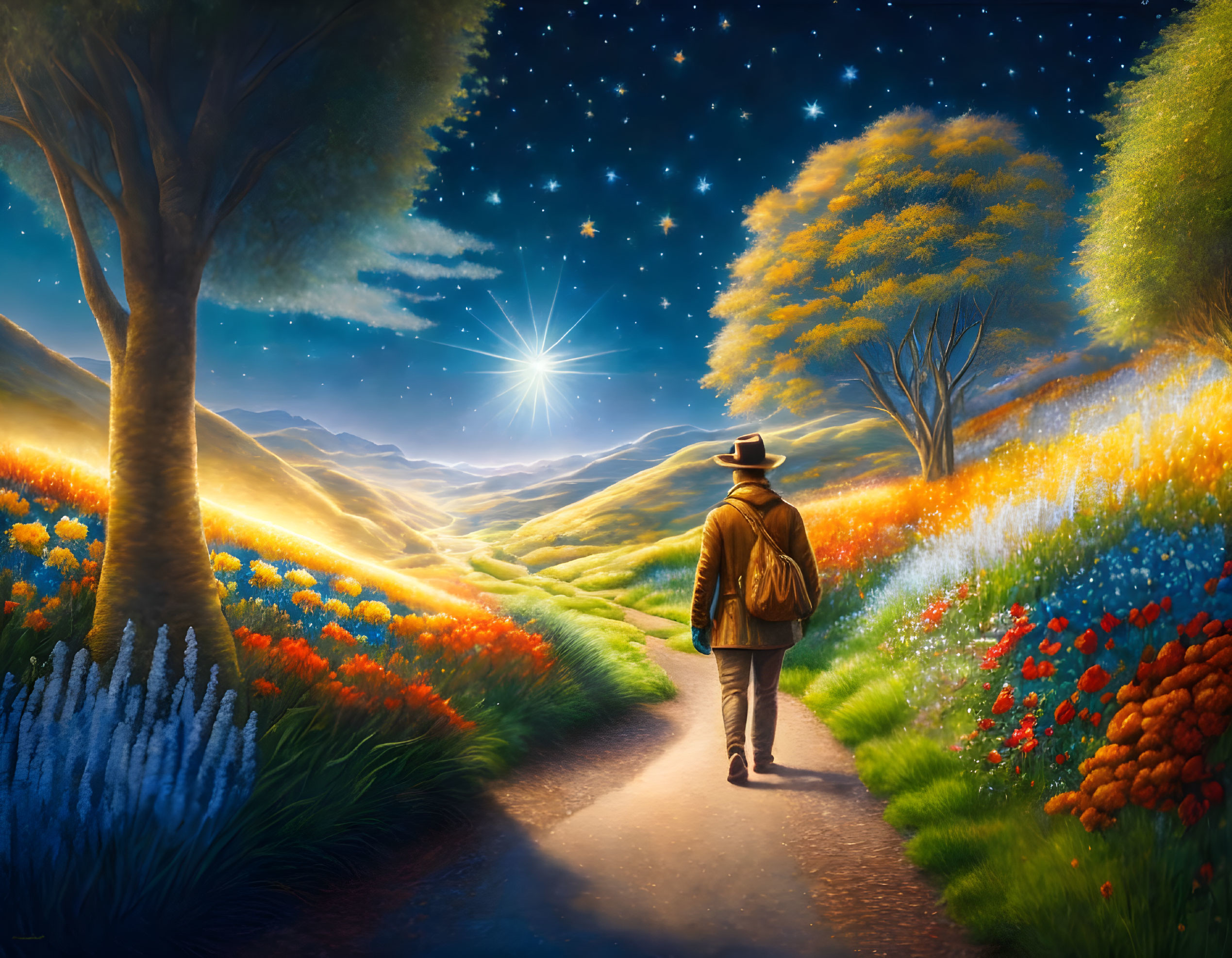 Person in hat strolls magical path with colorful flora under starry sky