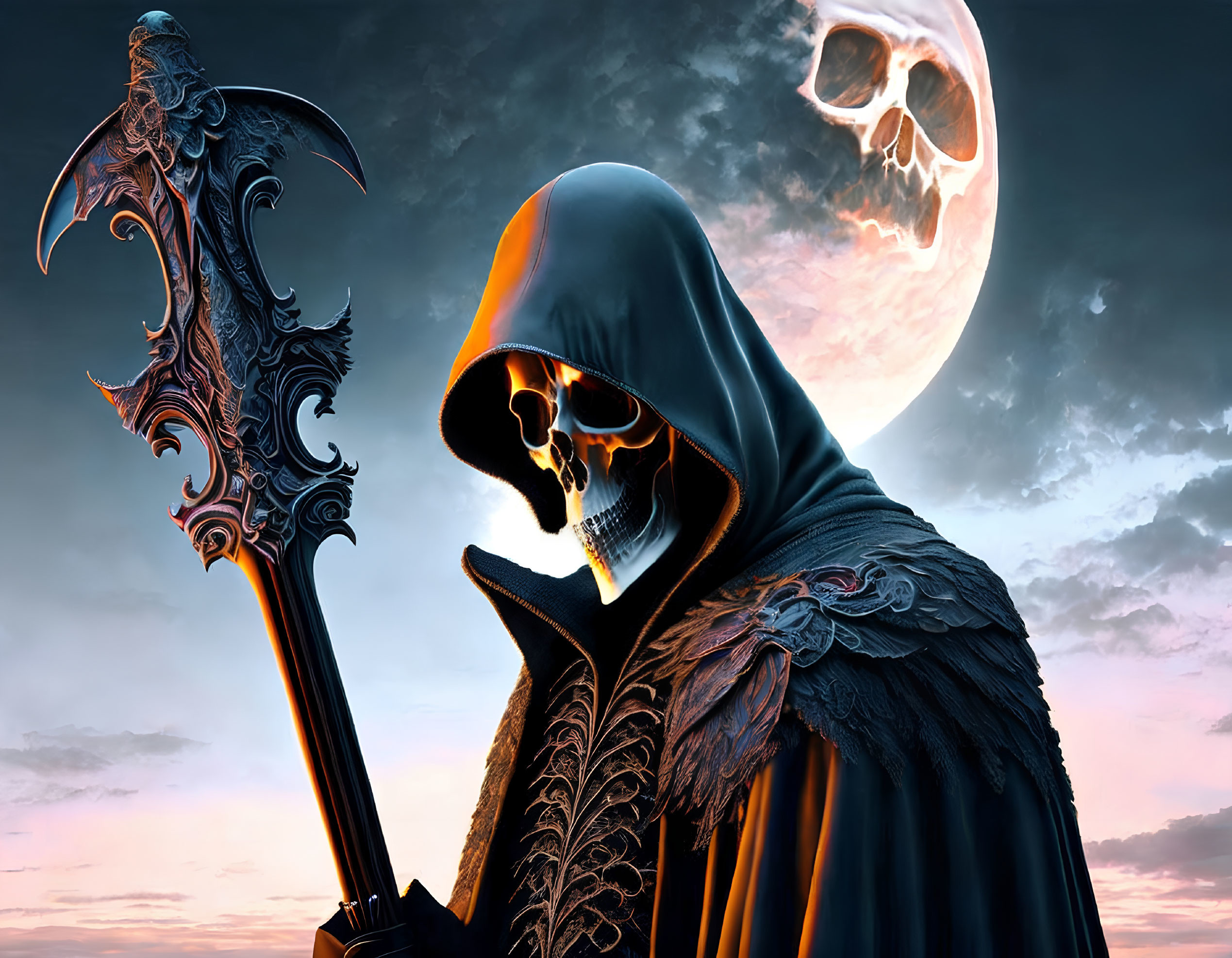 Skeletal figure with decorative axe under skull-patterned moon