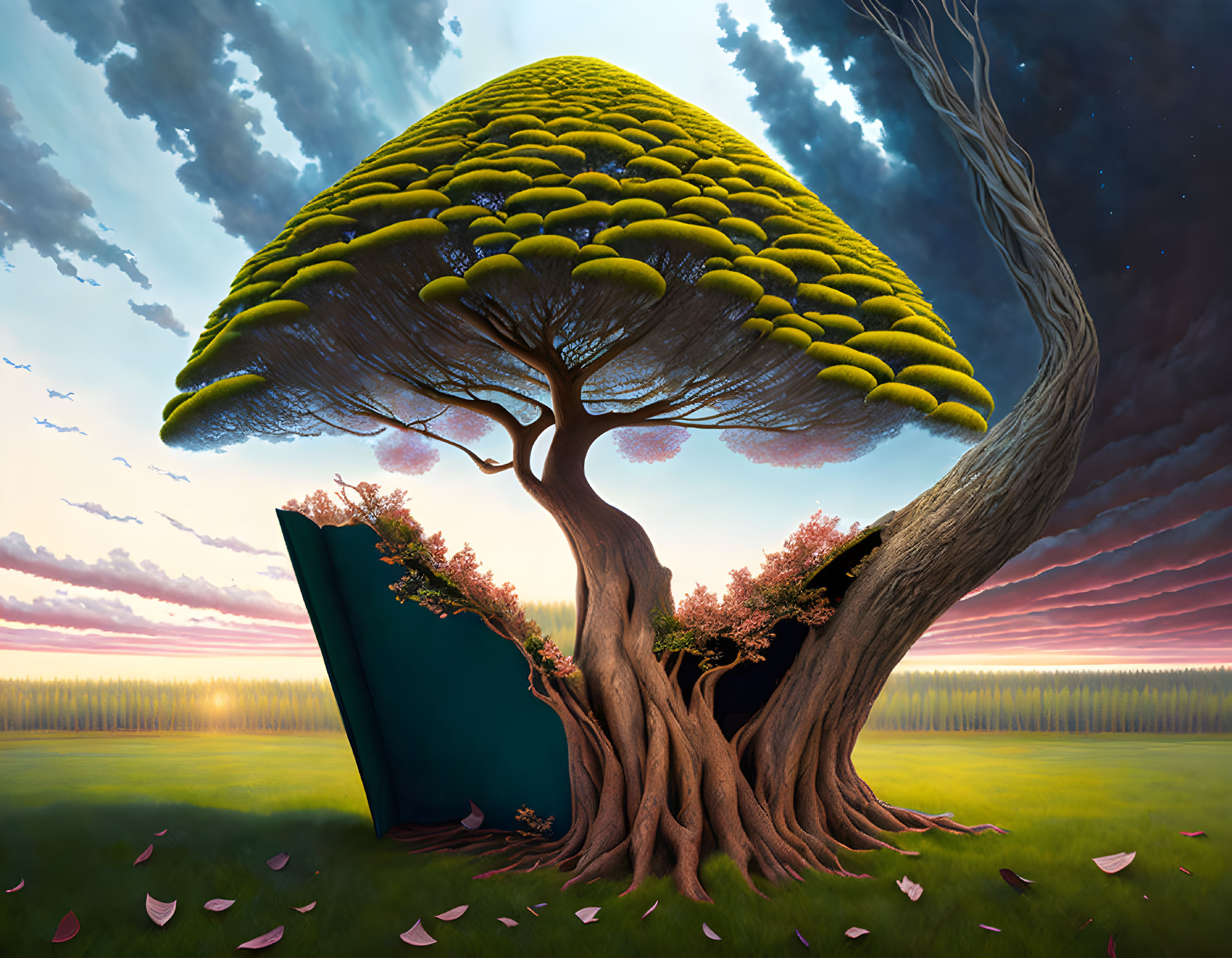 Vivid sunset sky painting with tree, open book, and flying birds