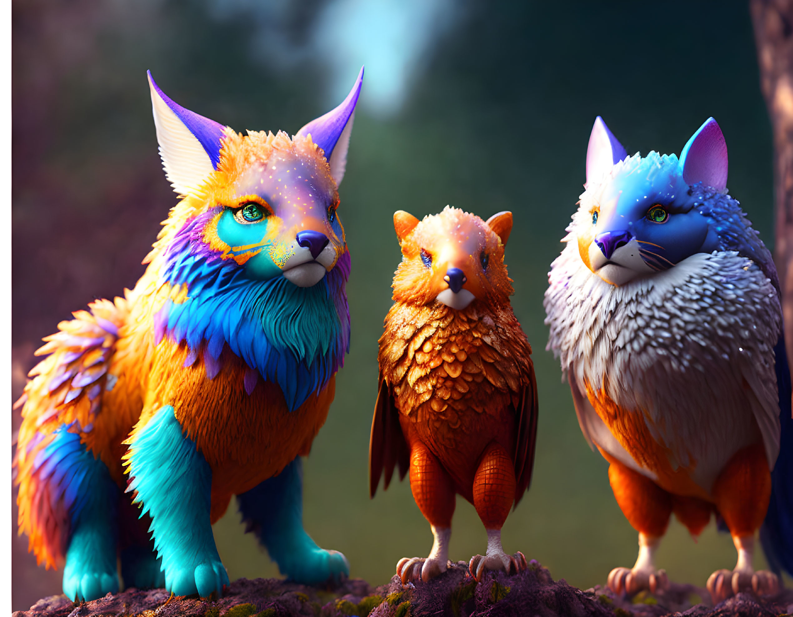 Colorful fox-like creatures with unique fur and feathers in mystical forest.