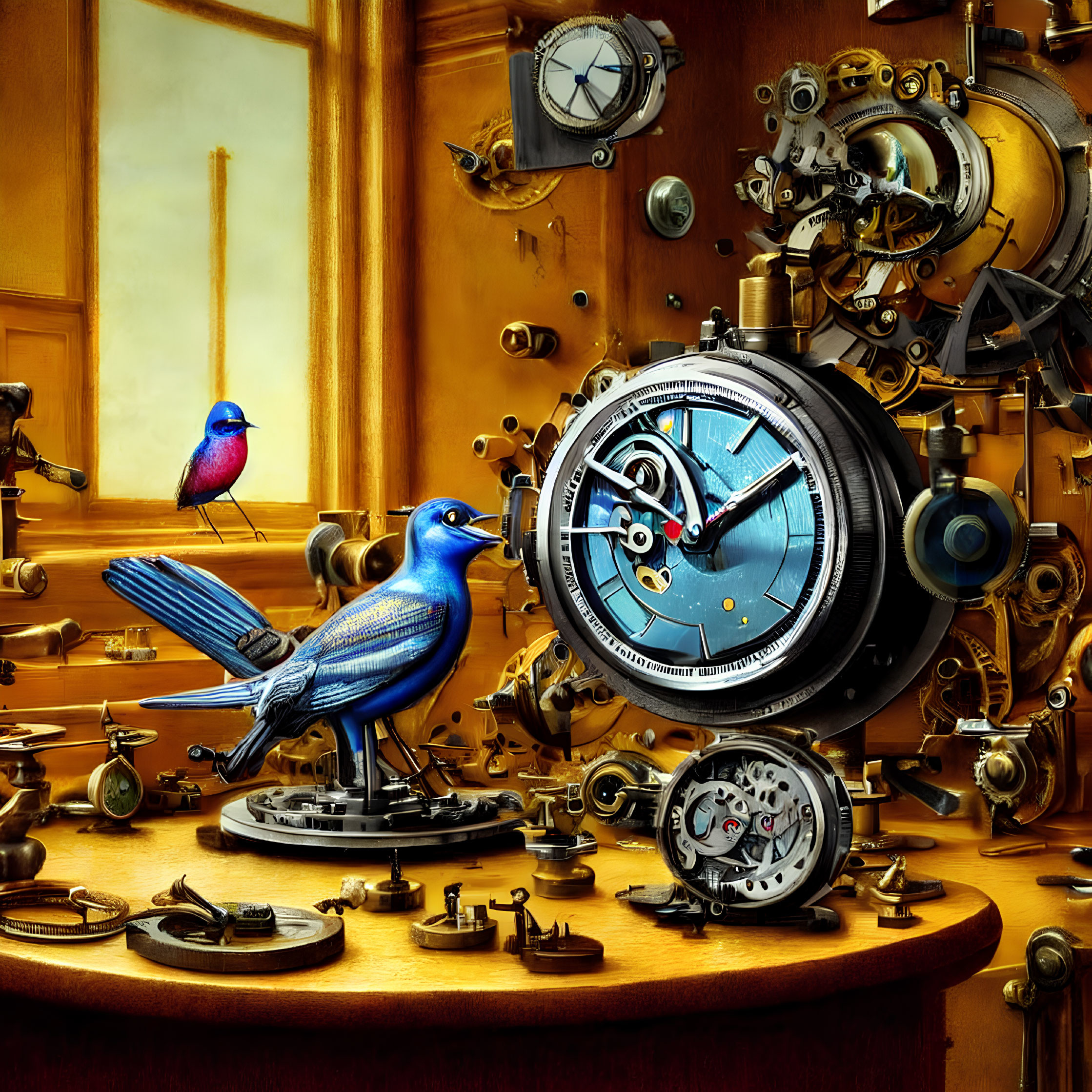 Blue bird surrounded by mechanical clocks and gears on wooden table in warm, golden-lit room