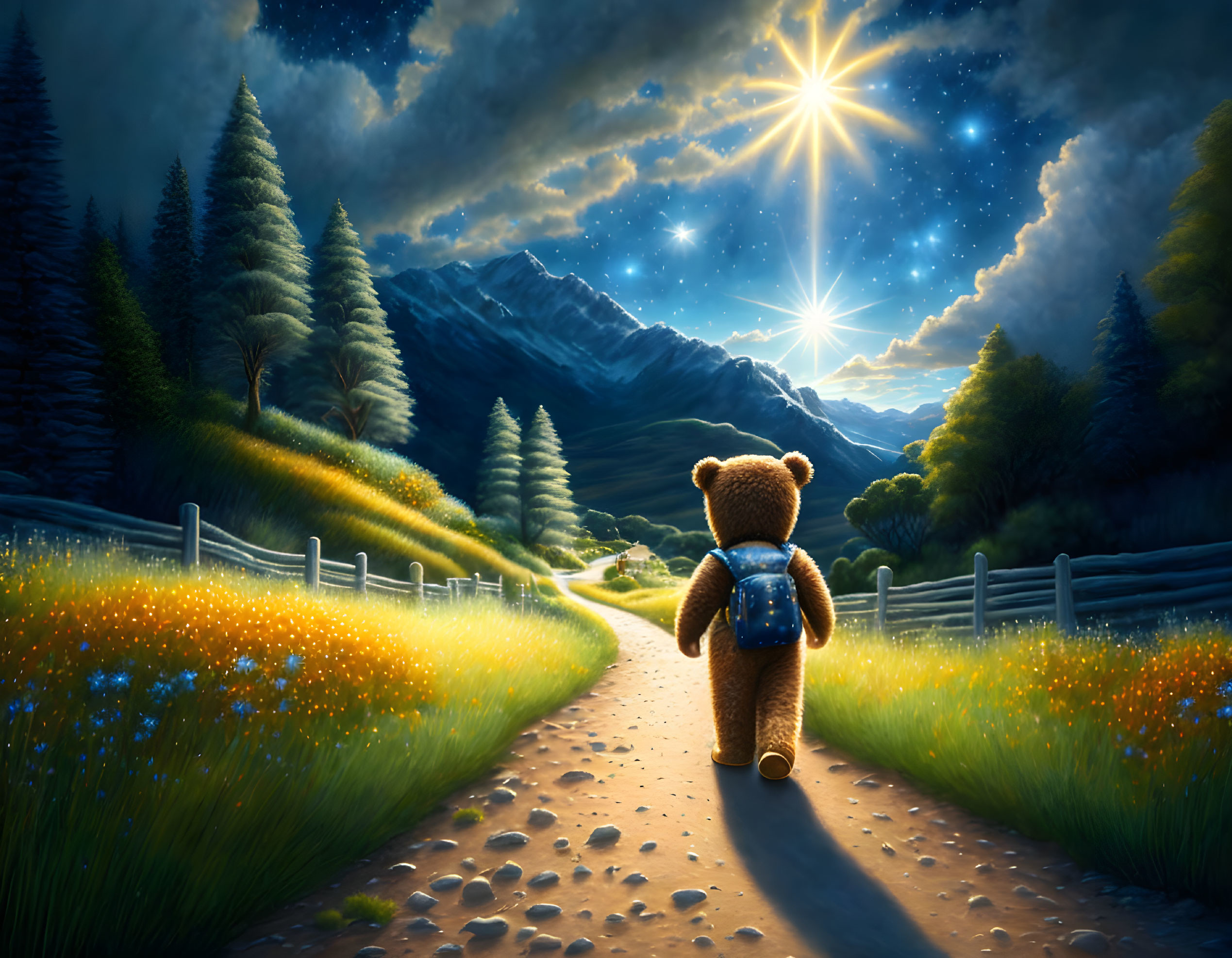 Teddy bear with backpack in magical starlit landscape