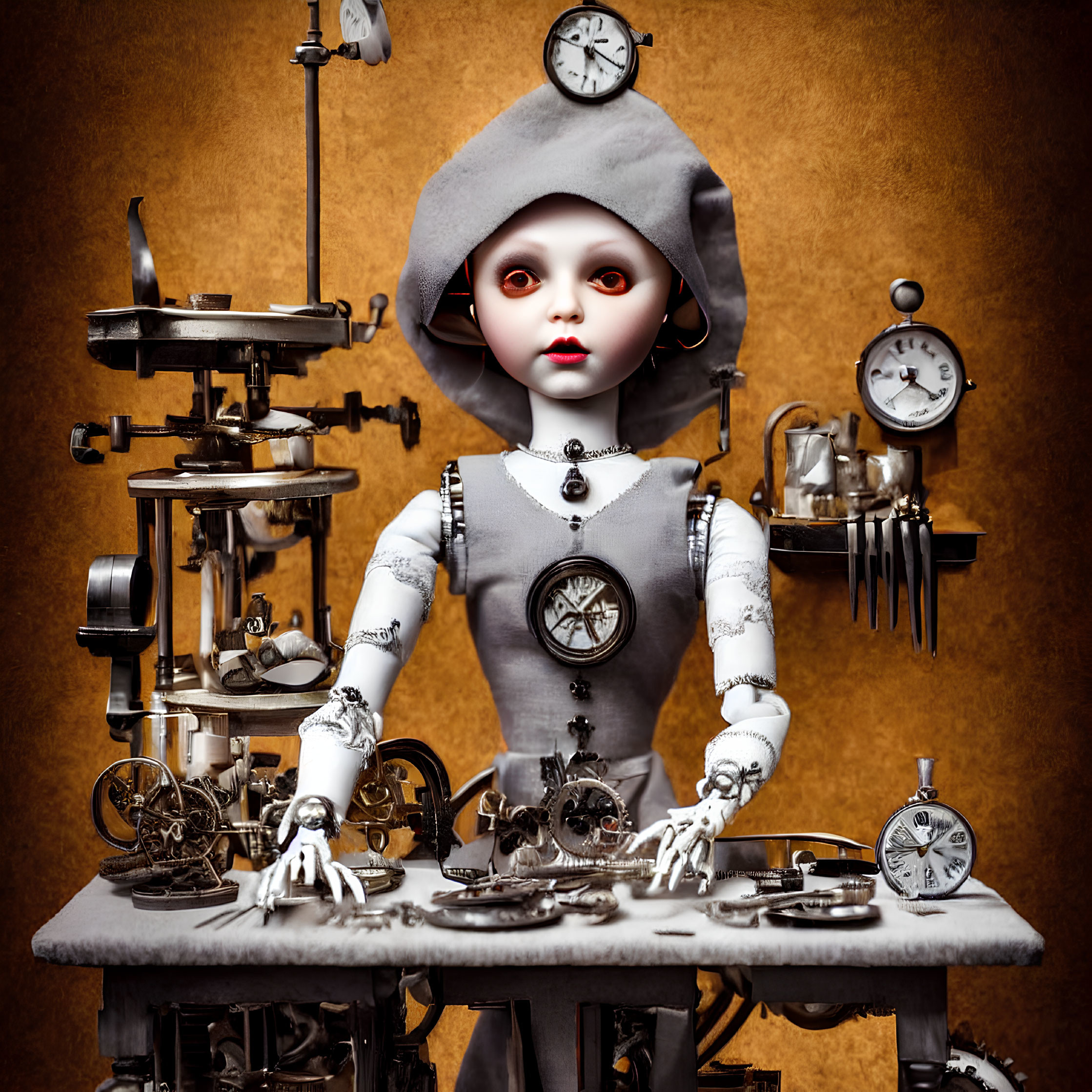 Clock-themed humanoid doll with cloak among vintage timepieces on warm background