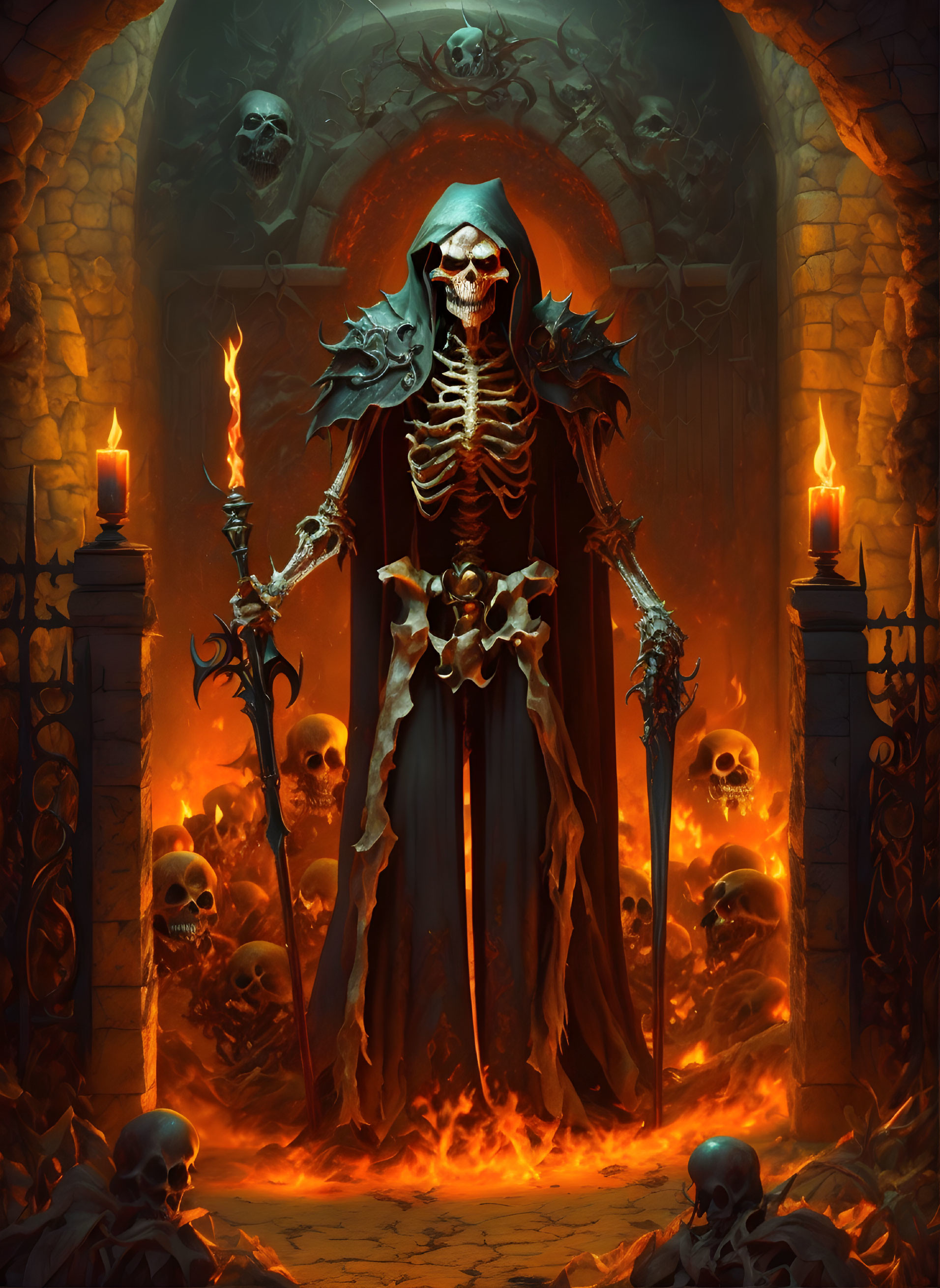 Skeleton in ornate armor with staff in fiery crypt