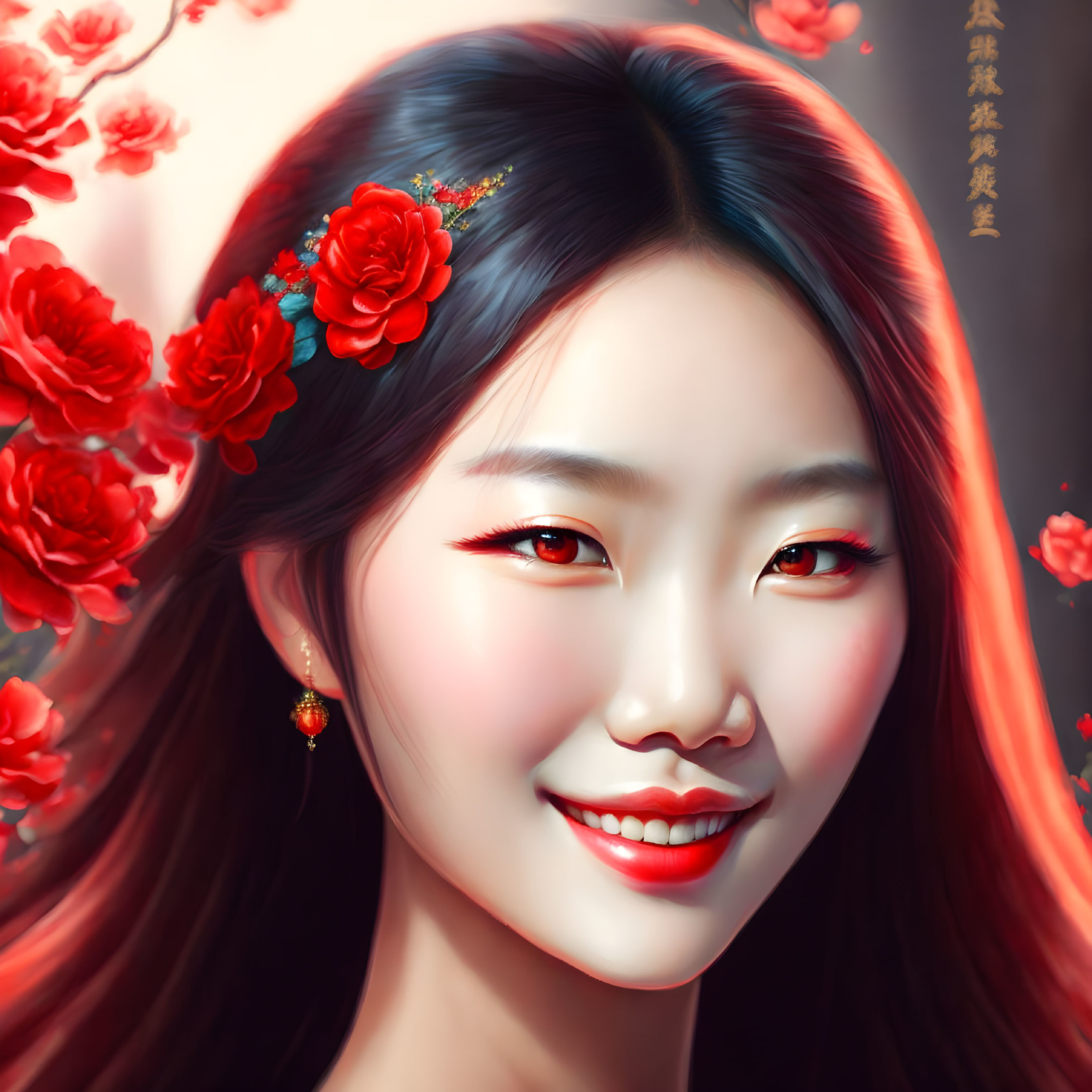 Smiling woman with dark hair and red floral accessories in digital portrait