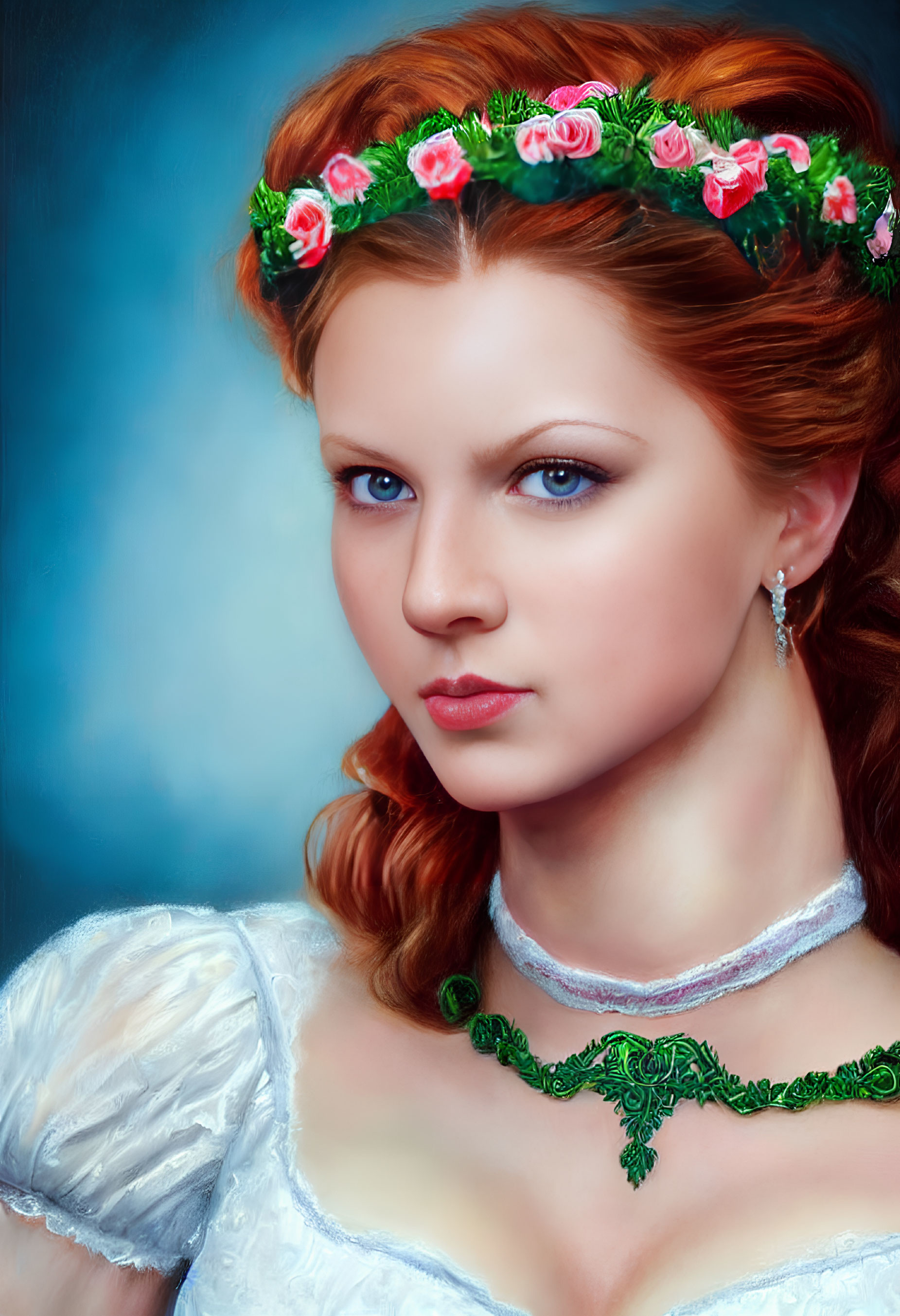 Red-Haired Woman in Floral Headband and White Dress with Green Embroidery