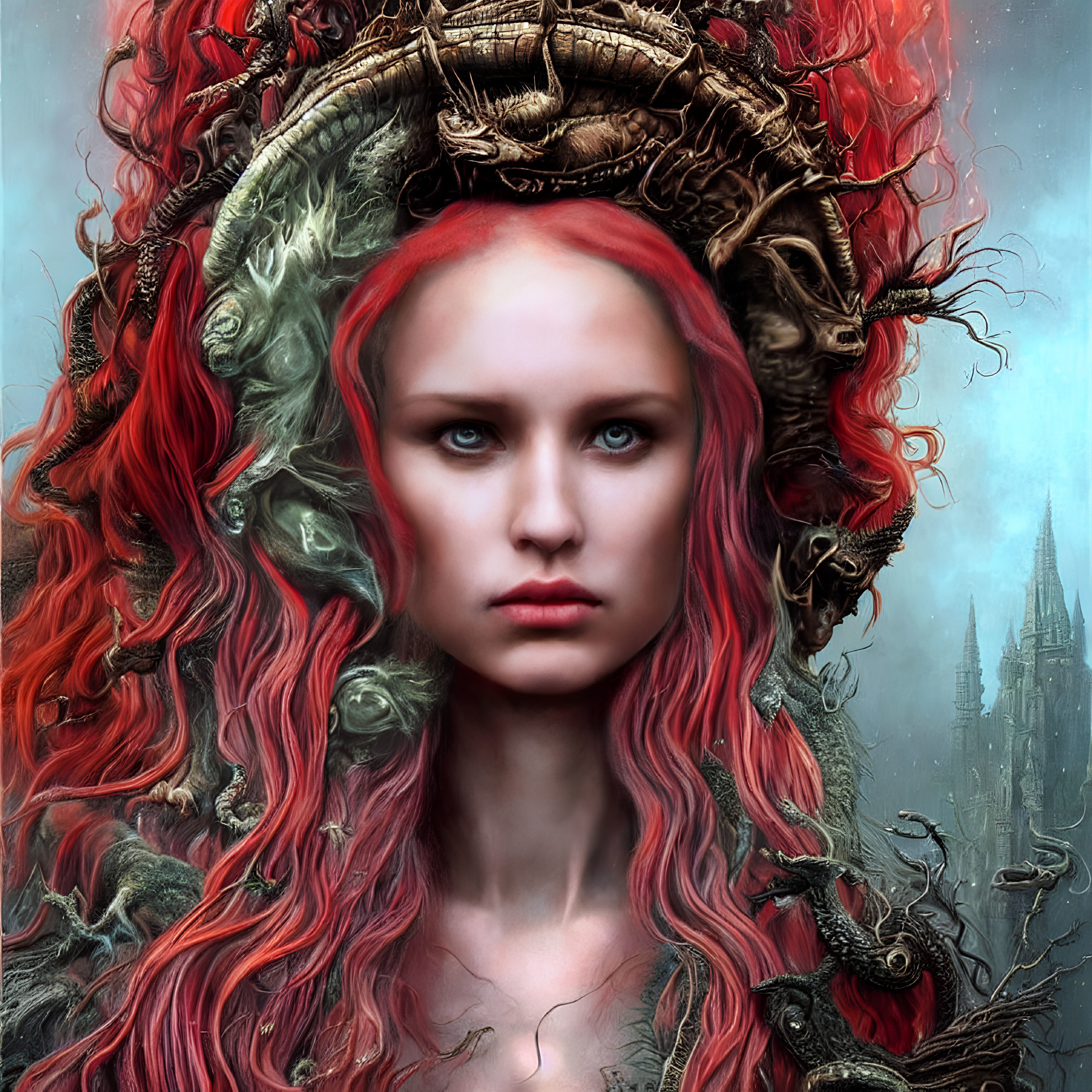 Digital artwork of woman with red hair and pale skin in intricate headdress against blue backdrop with castle sil