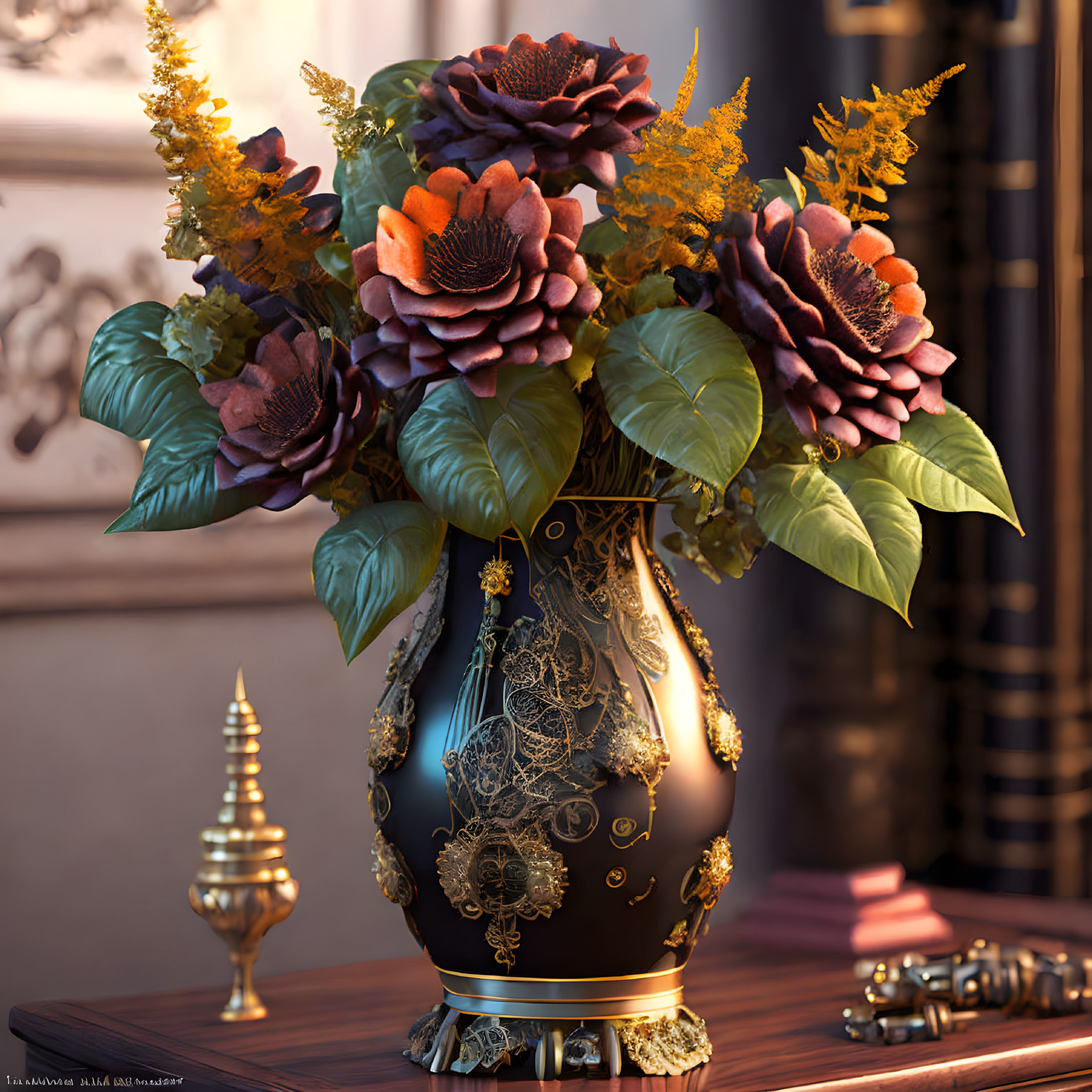 Large Maroon Flowers and Yellow Sprigs in Black Vase on Elegant Interior Background