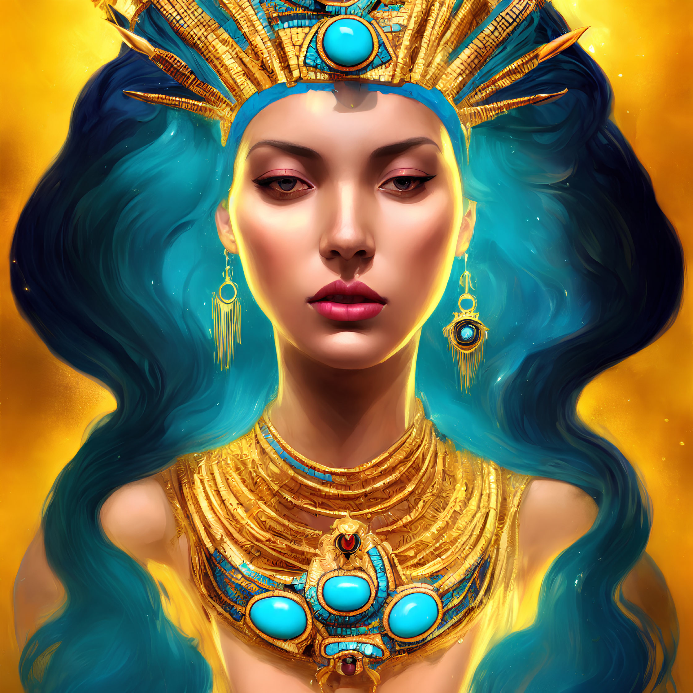 Digital artwork: Woman with blue hair in Egyptian-inspired attire on golden background