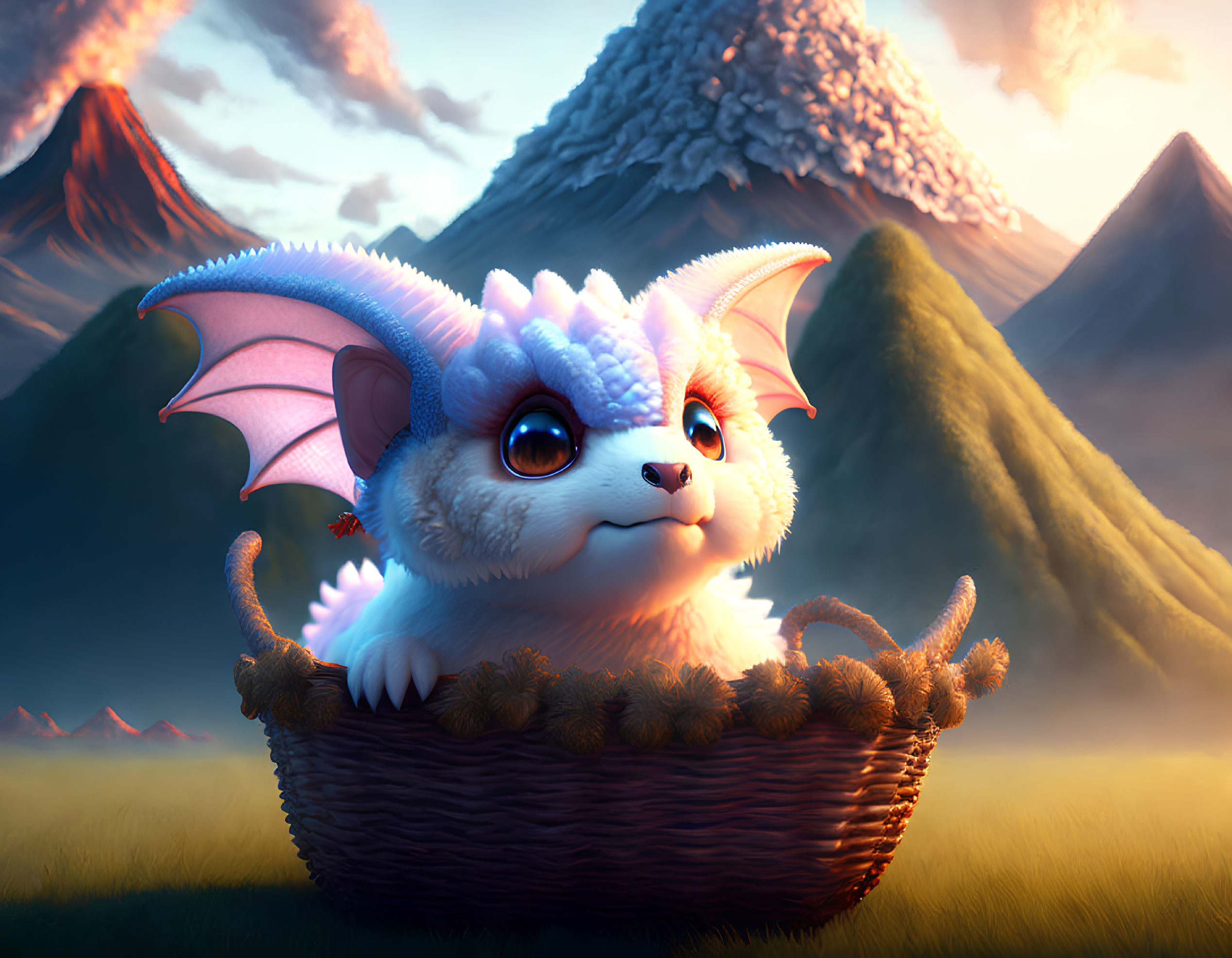 Fantastical furry dragon in basket against mountain backdrop