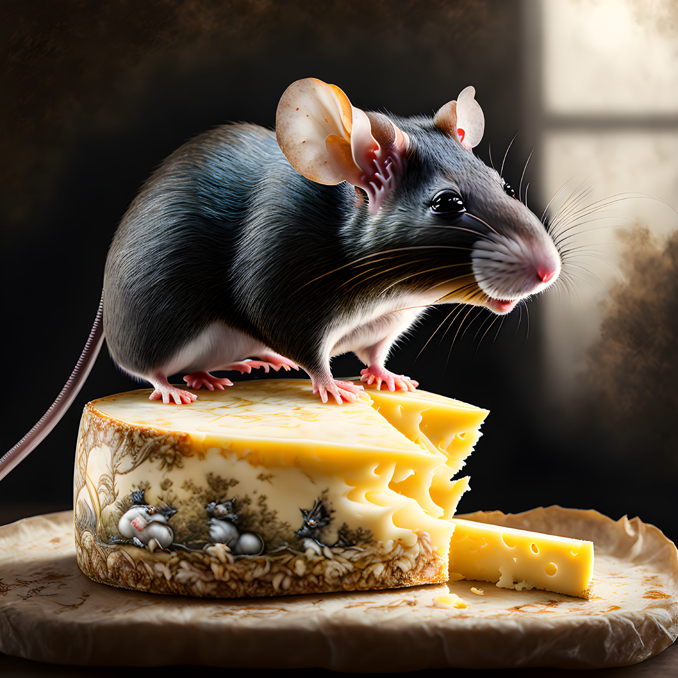 Detailed digital artwork of a mouse on cheese with intricate designs and smaller mice.