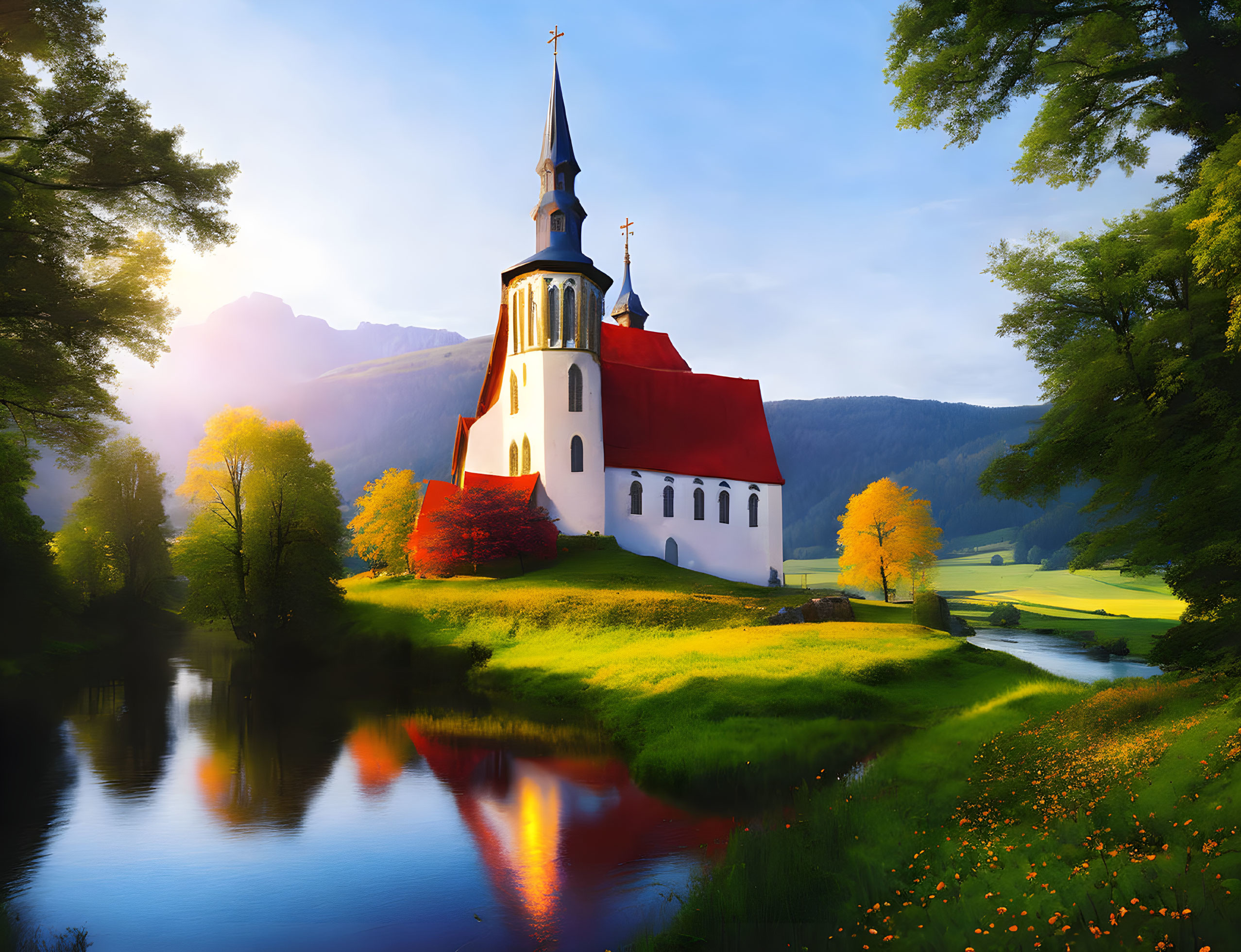 White Church with Red Roof and Steeple in Serene Landscape at Sunrise