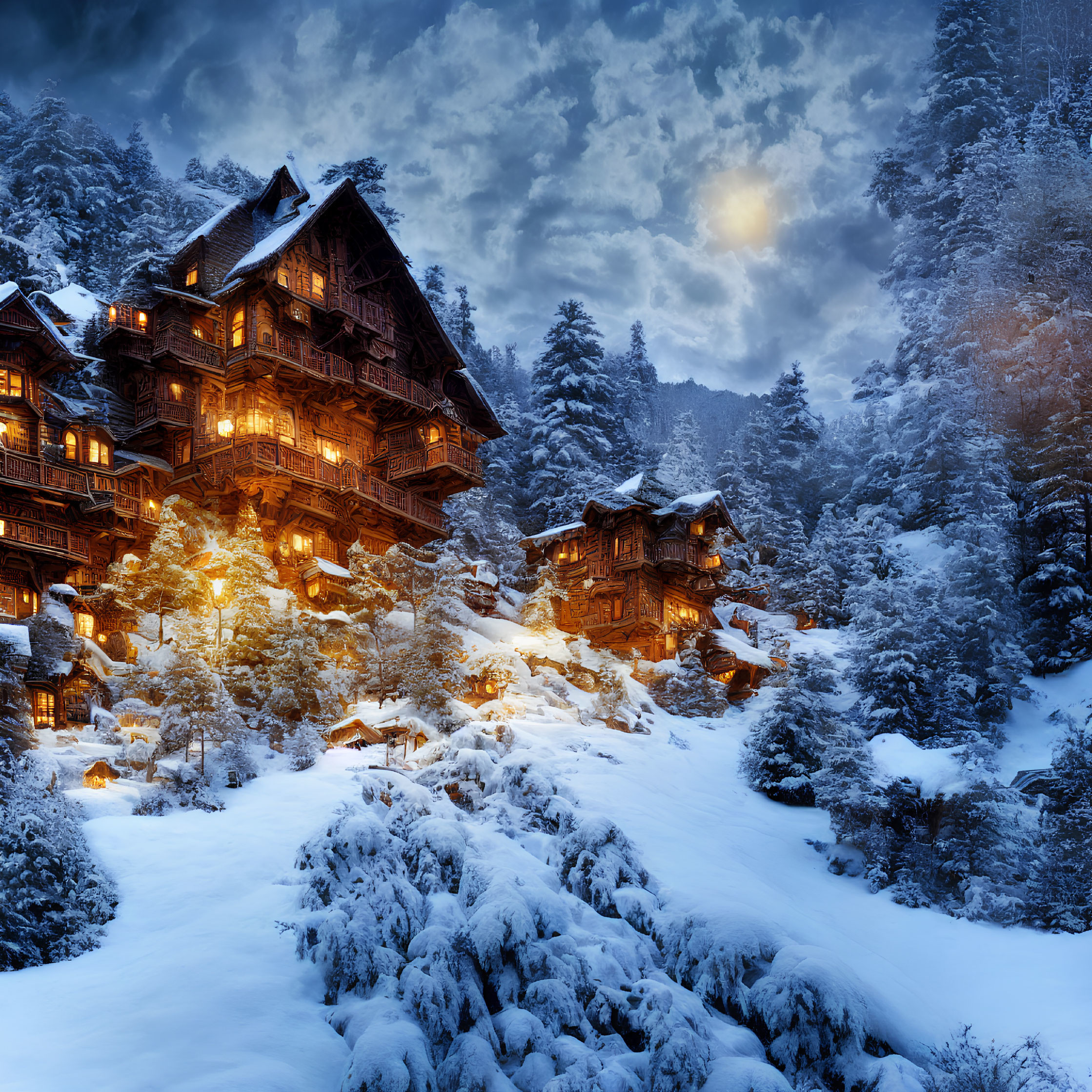 Traditional wooden building in snow-covered twilight scene