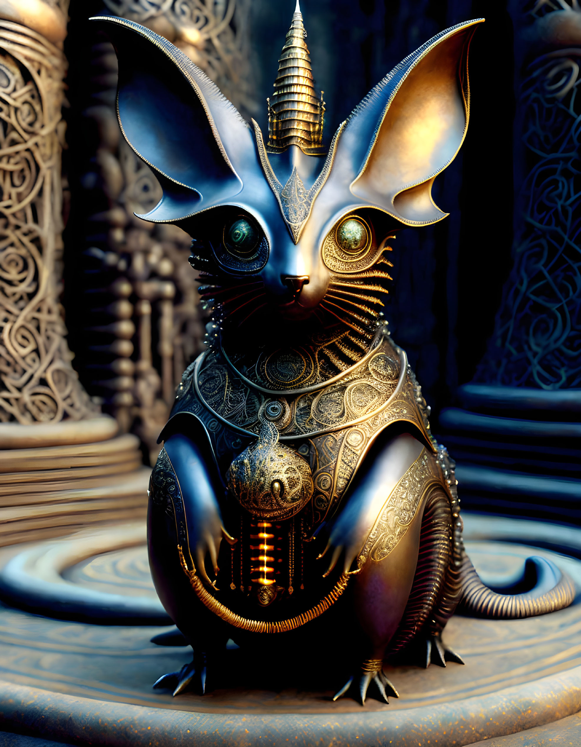 Ornate metallic rabbit sculpture with blue eyes on detailed background