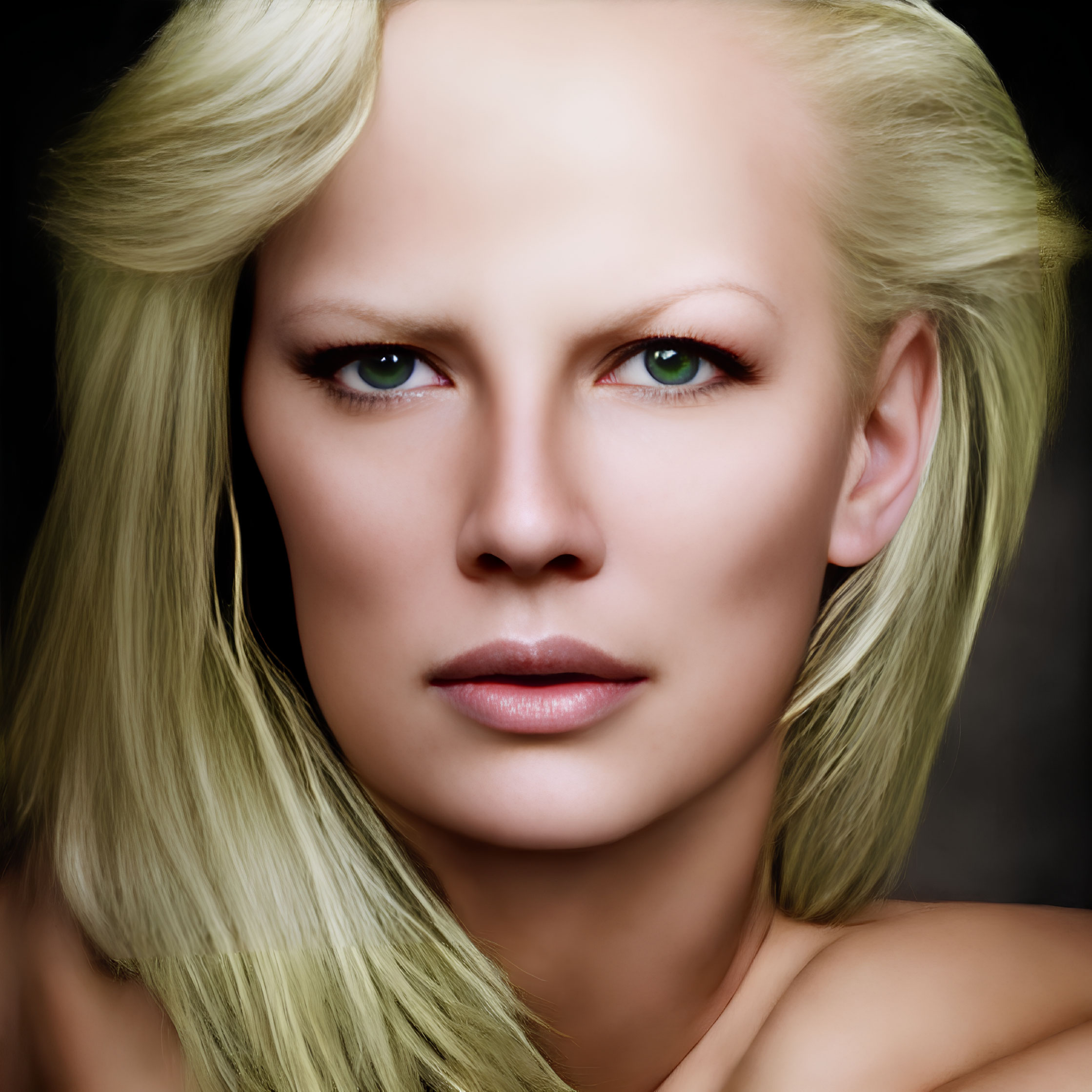 Blonde-haired person with green eyes in neutral expression on black background