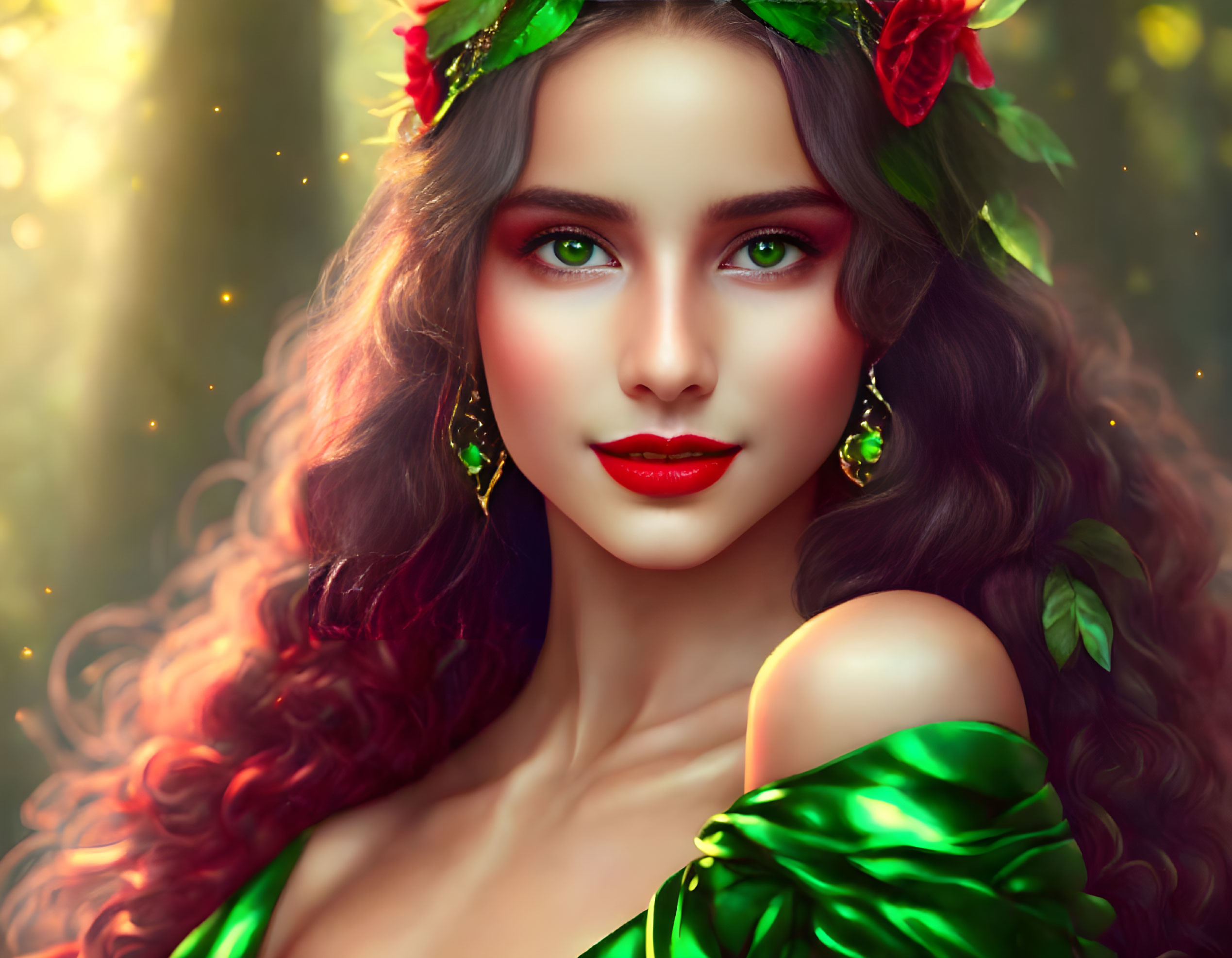 Woman with Green Eyes in Floral Headpiece and Red Earrings, Golden Glow