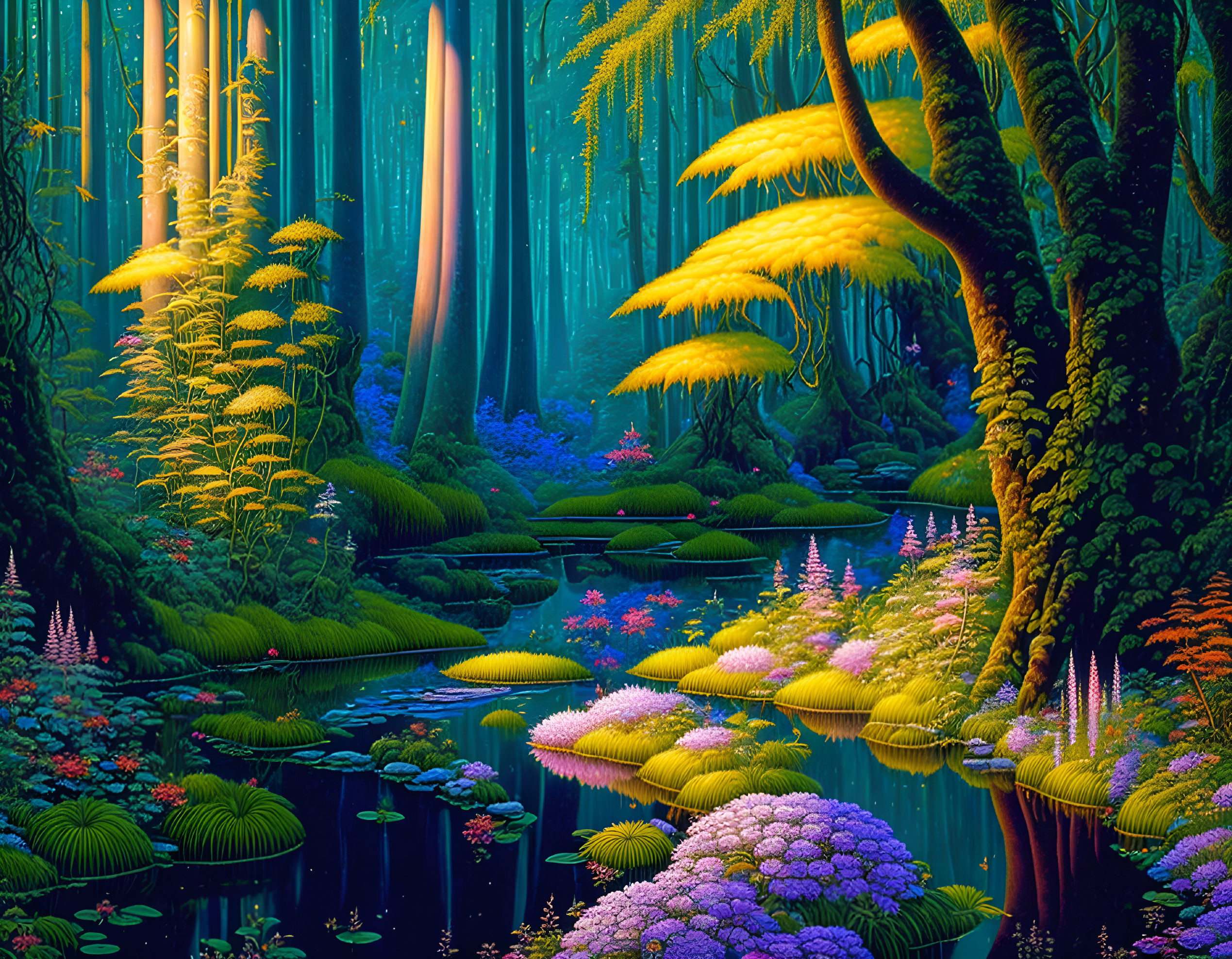 Enchanting forest with vibrant flora and serene water body