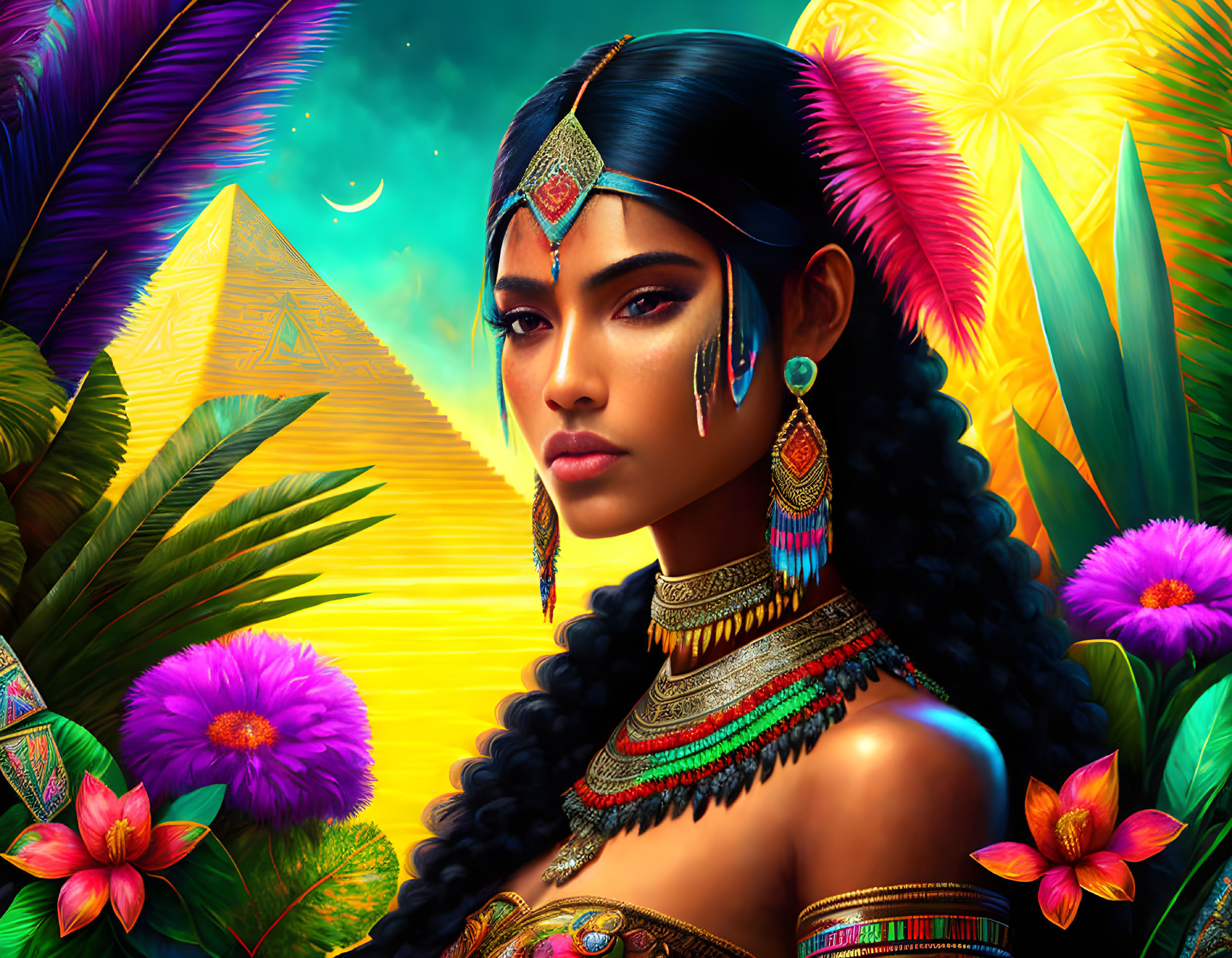 Woman adorned with jewelry and headdress in front of pyramids and lush scenery