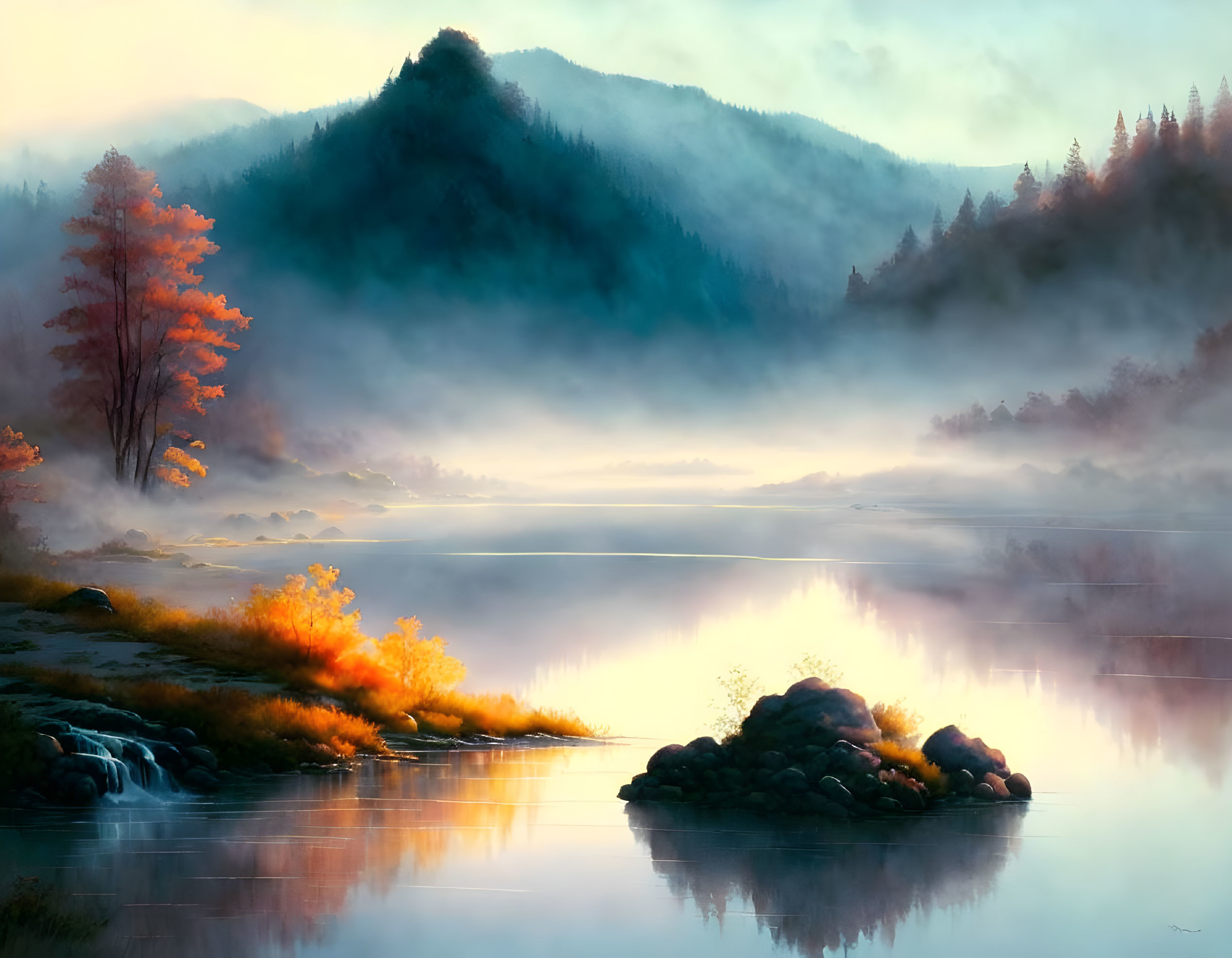 Serene sunrise over misty lake and forested mountains