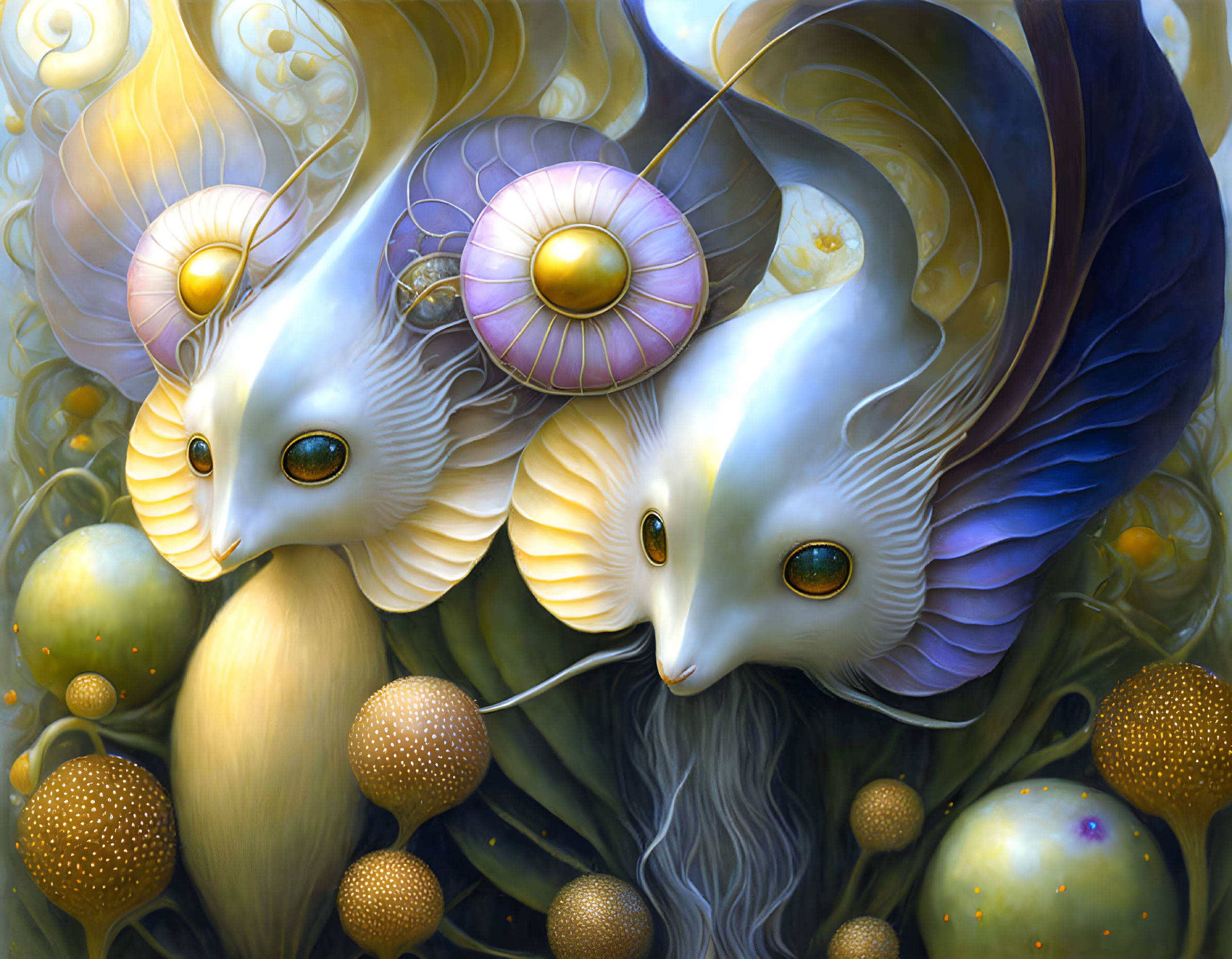 Surreal artwork featuring creature-like figures with pale faces and blue fin-like features on a backdrop of