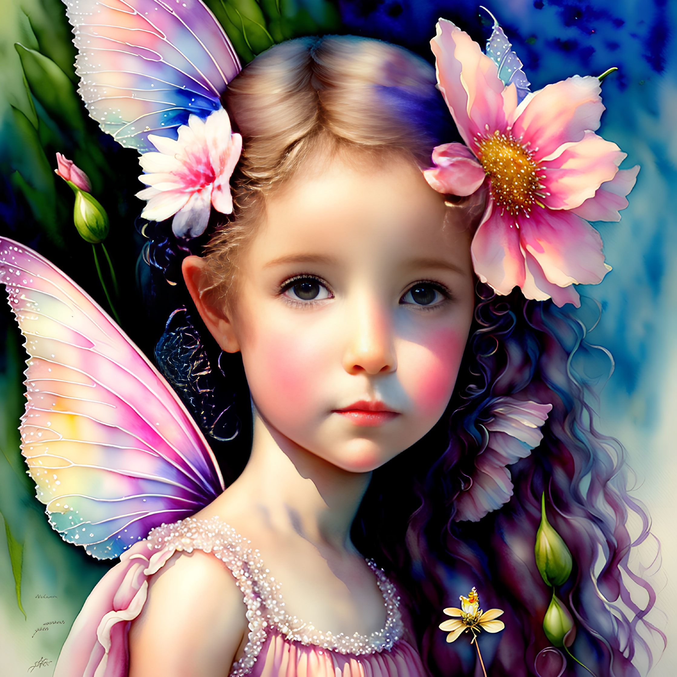 Digital artwork: Young girl with butterfly wings and flower-adorned hair on blue background