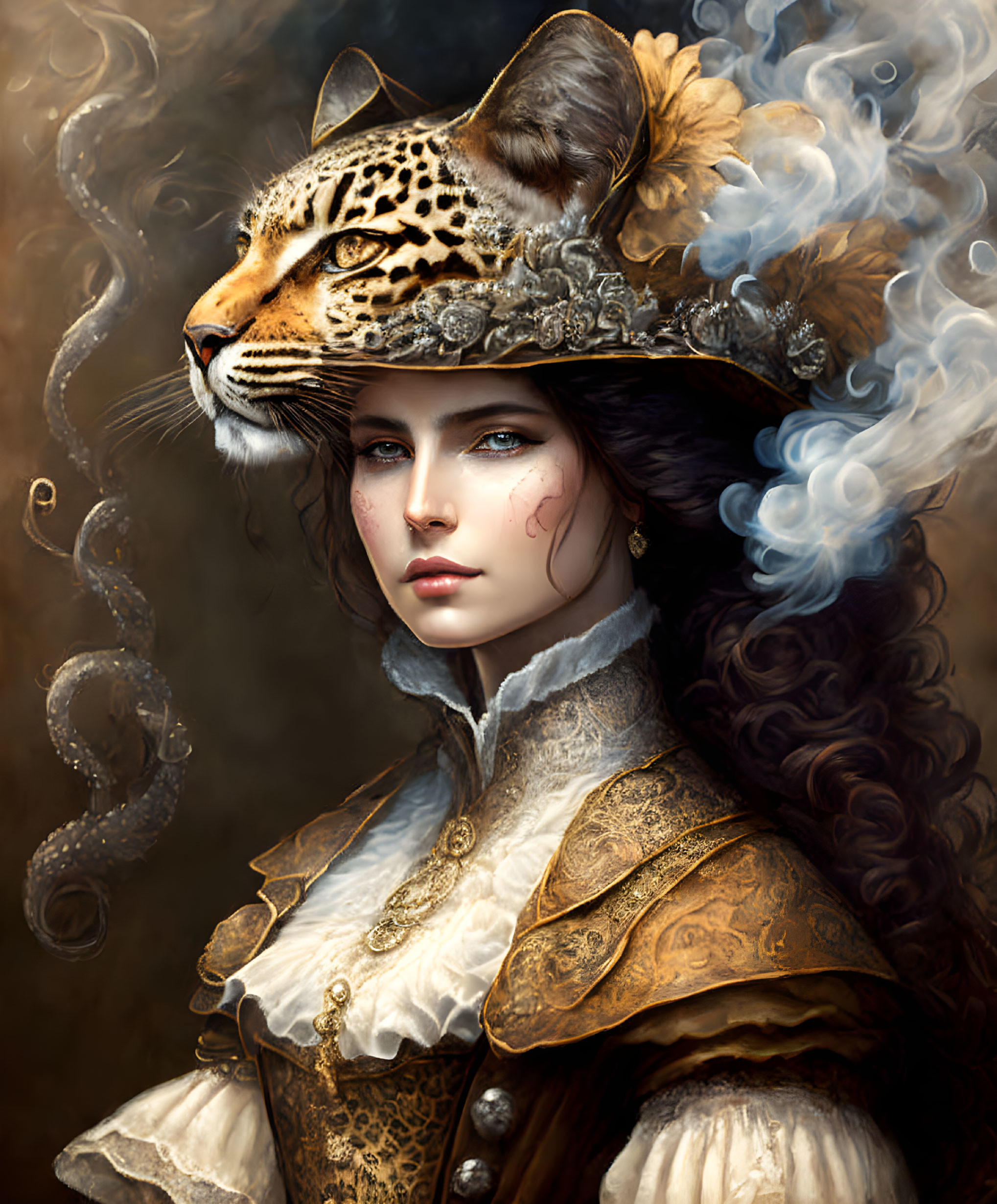 Baroque attire woman with leopard head and ornate headdress.