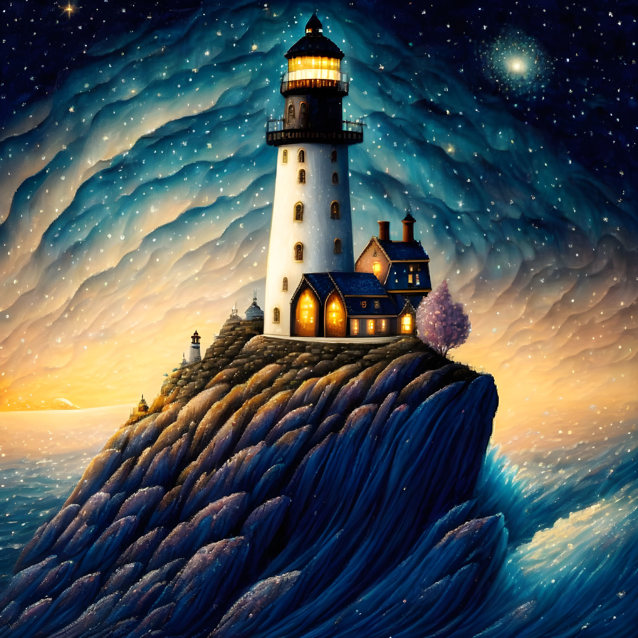 Lighthouse on rocky cliff with house, starry night sky, crashing waves, distant sunset