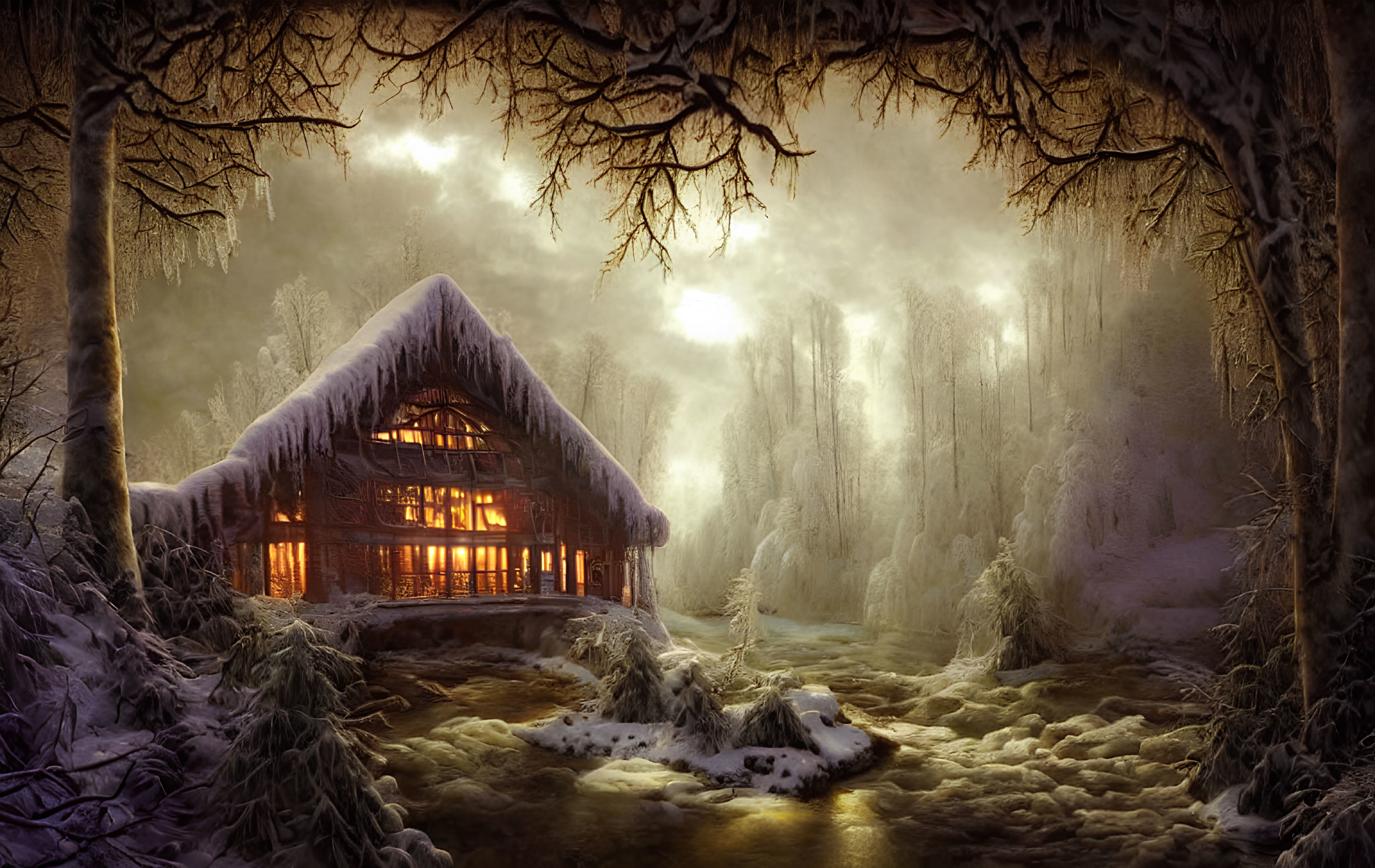 Snowy forest cabin with icicles and stream in enchanted setting