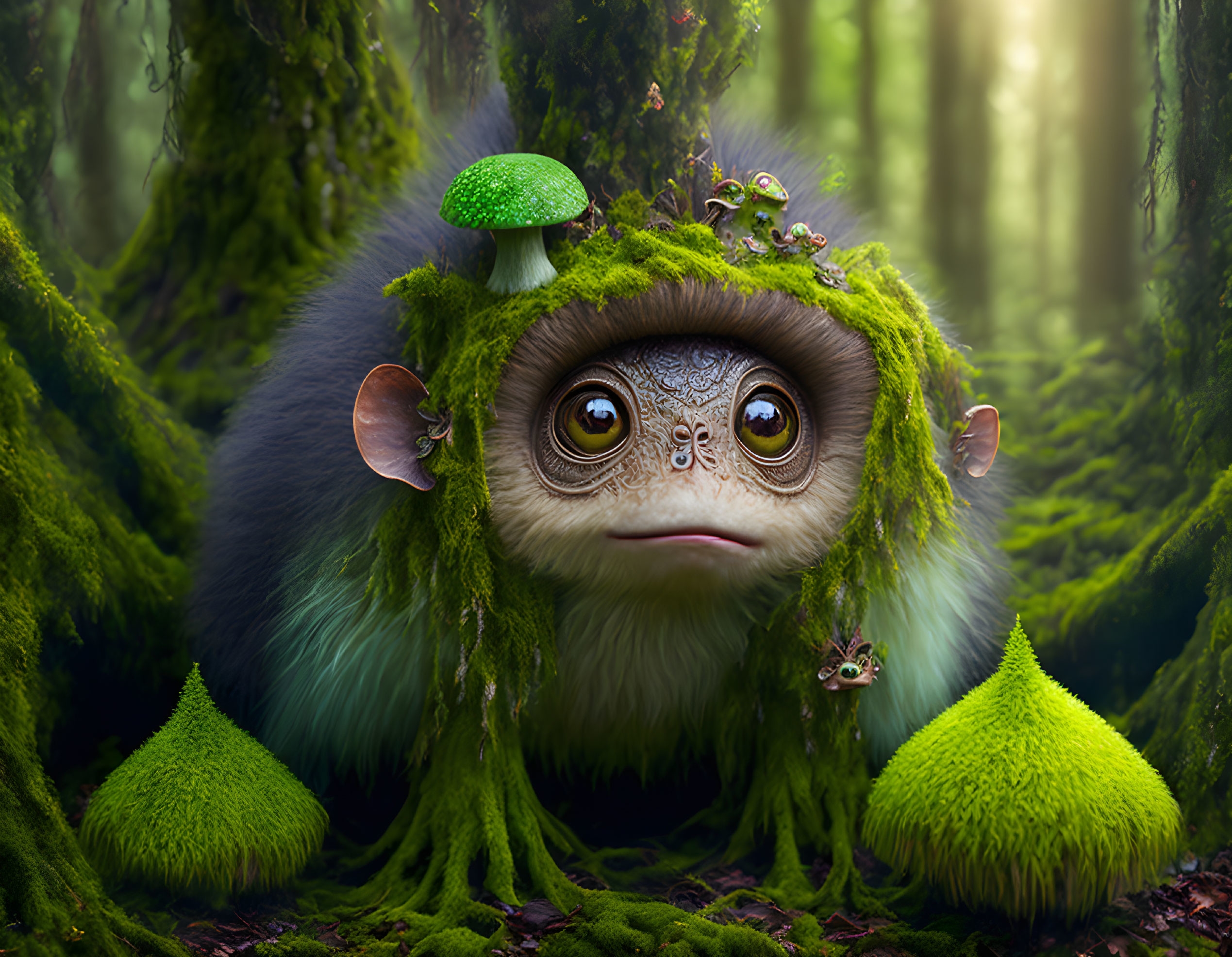 Moss-Covered Monkey Creature with Mushroom Cap and Forest Critters