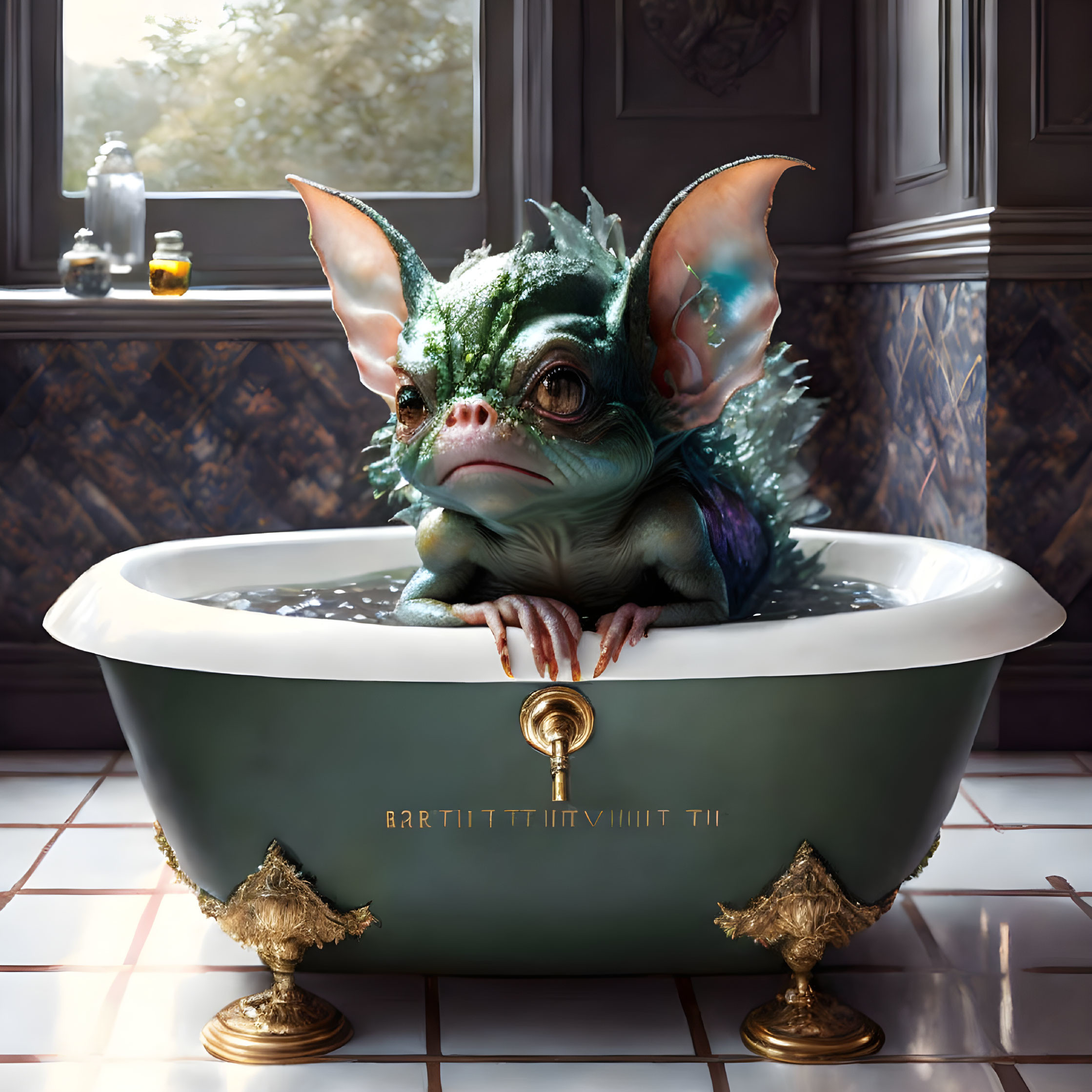 Green creature with large ears in ornate bathtub in luxurious bathroom