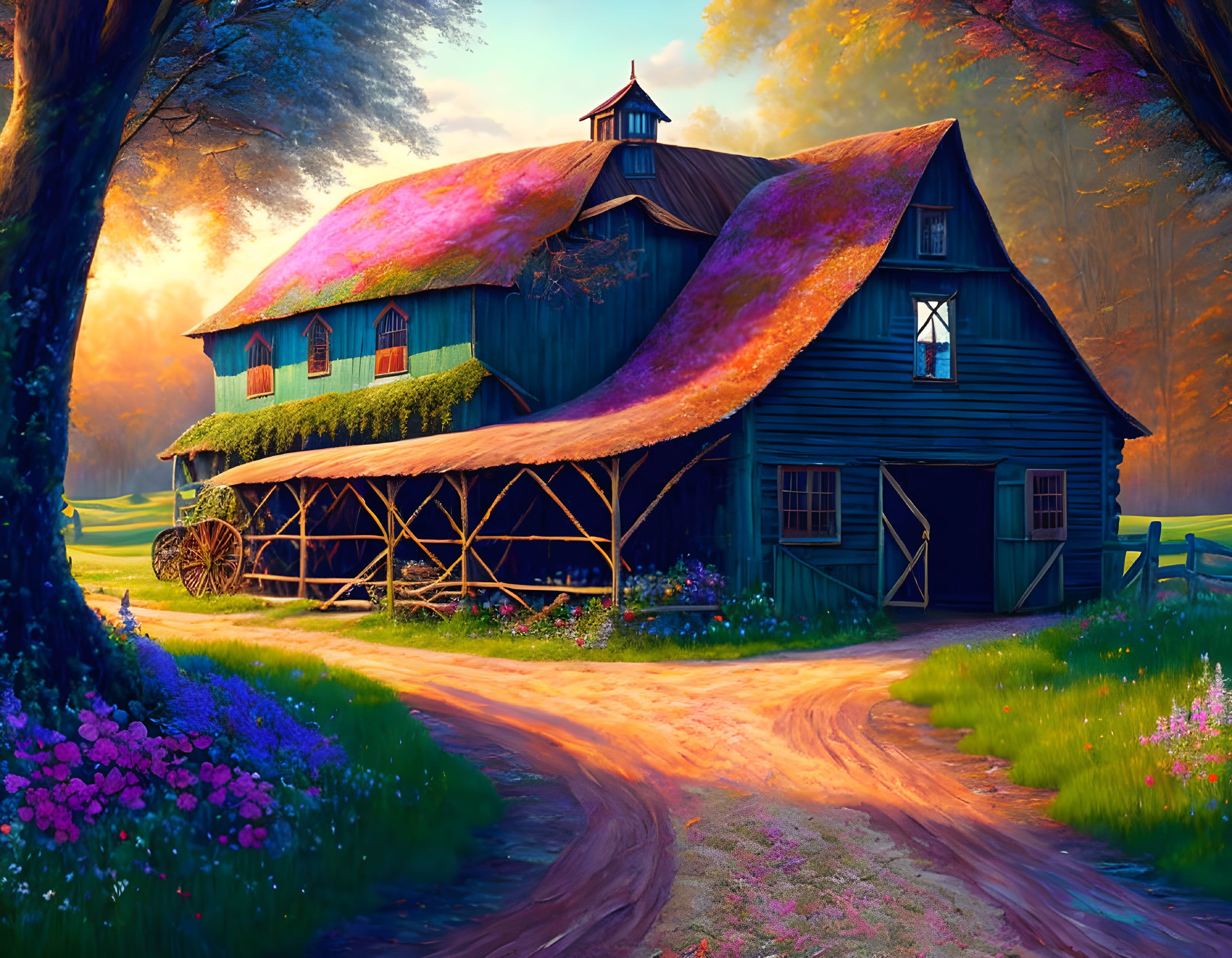 Rustic barn with mossy roof in colorful sunset landscape