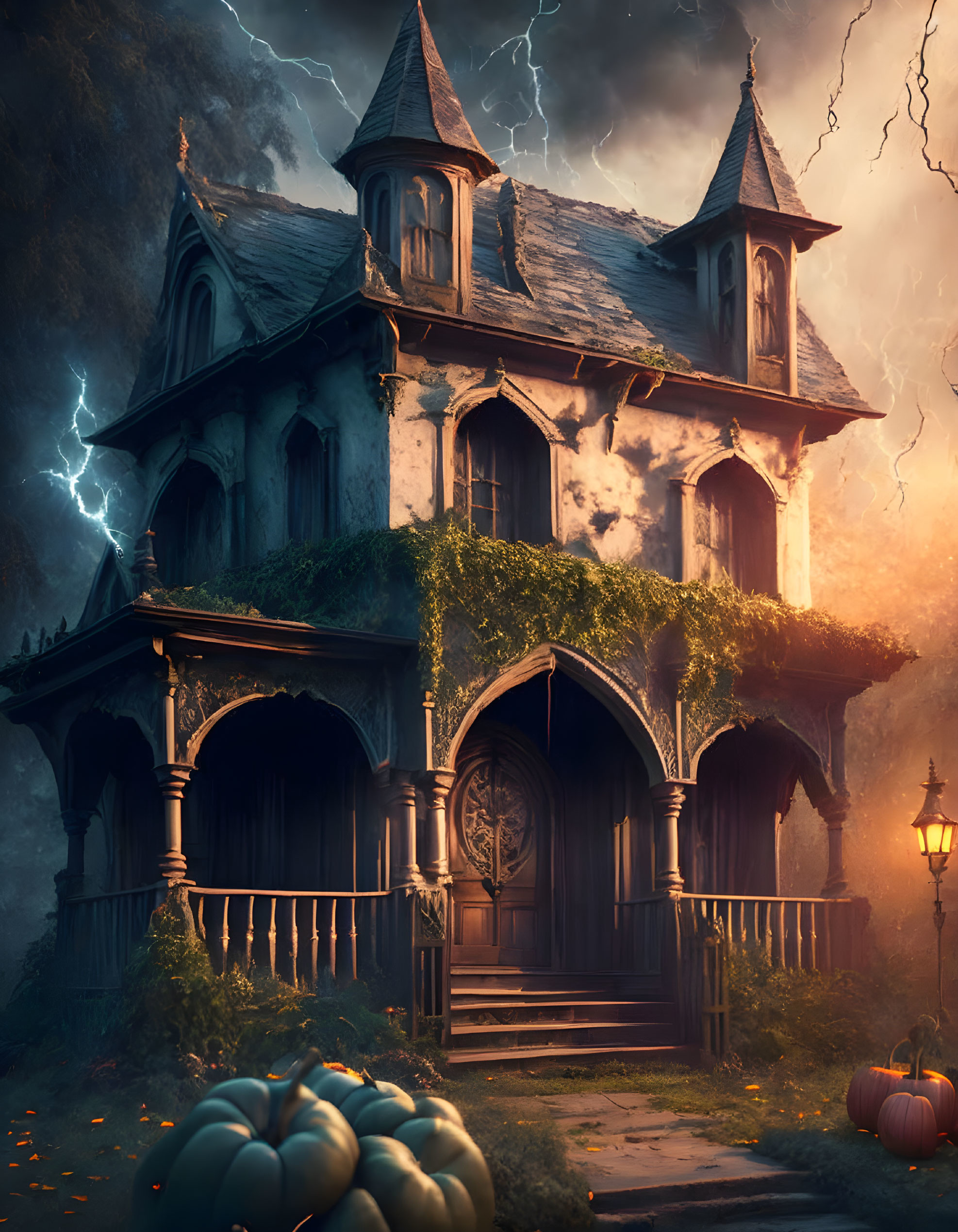 Gothic house with ivy, lit lamp, stormy sky, lightning, pumpkins