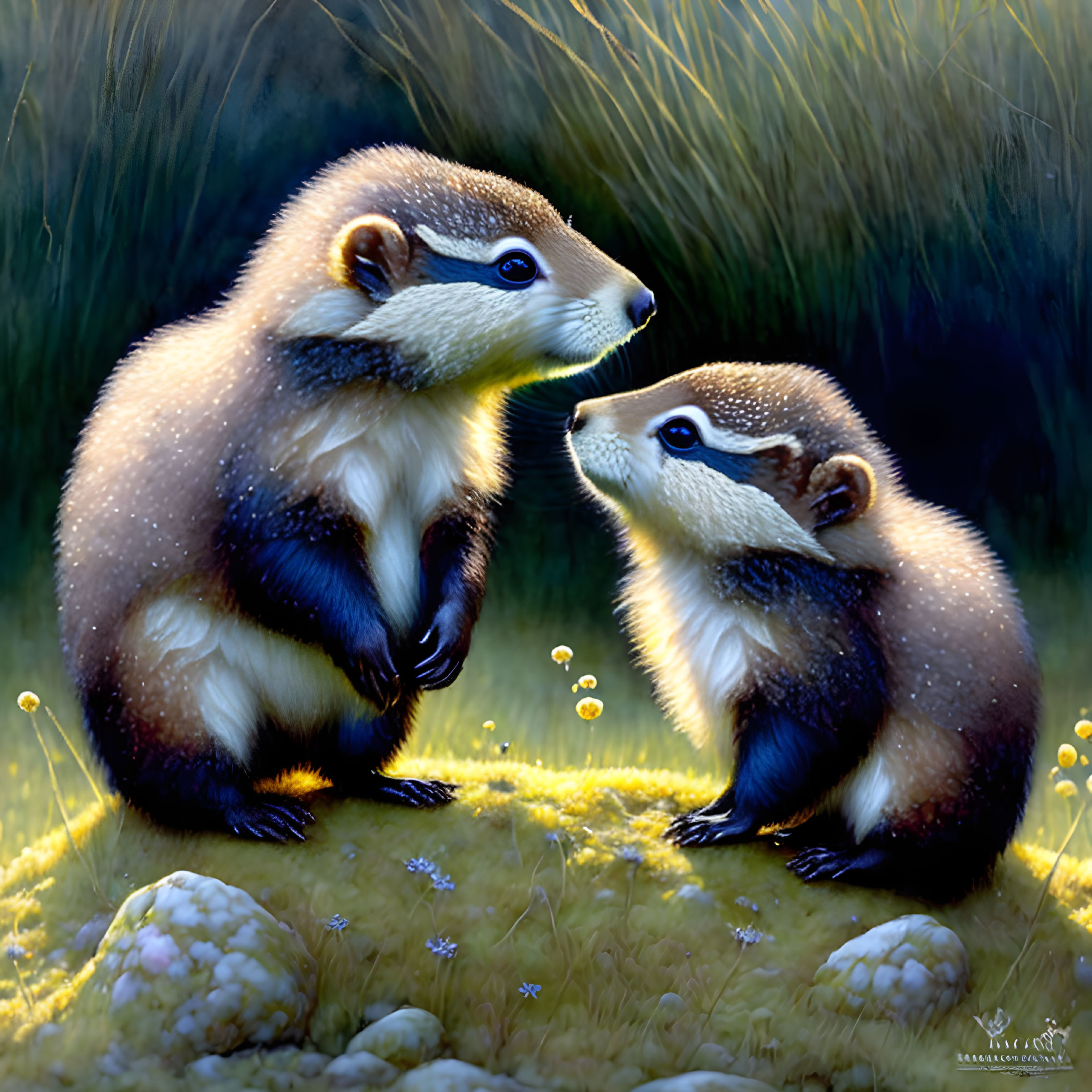 Two Badgers in Grassy Field with Dandelions and Mystical Light