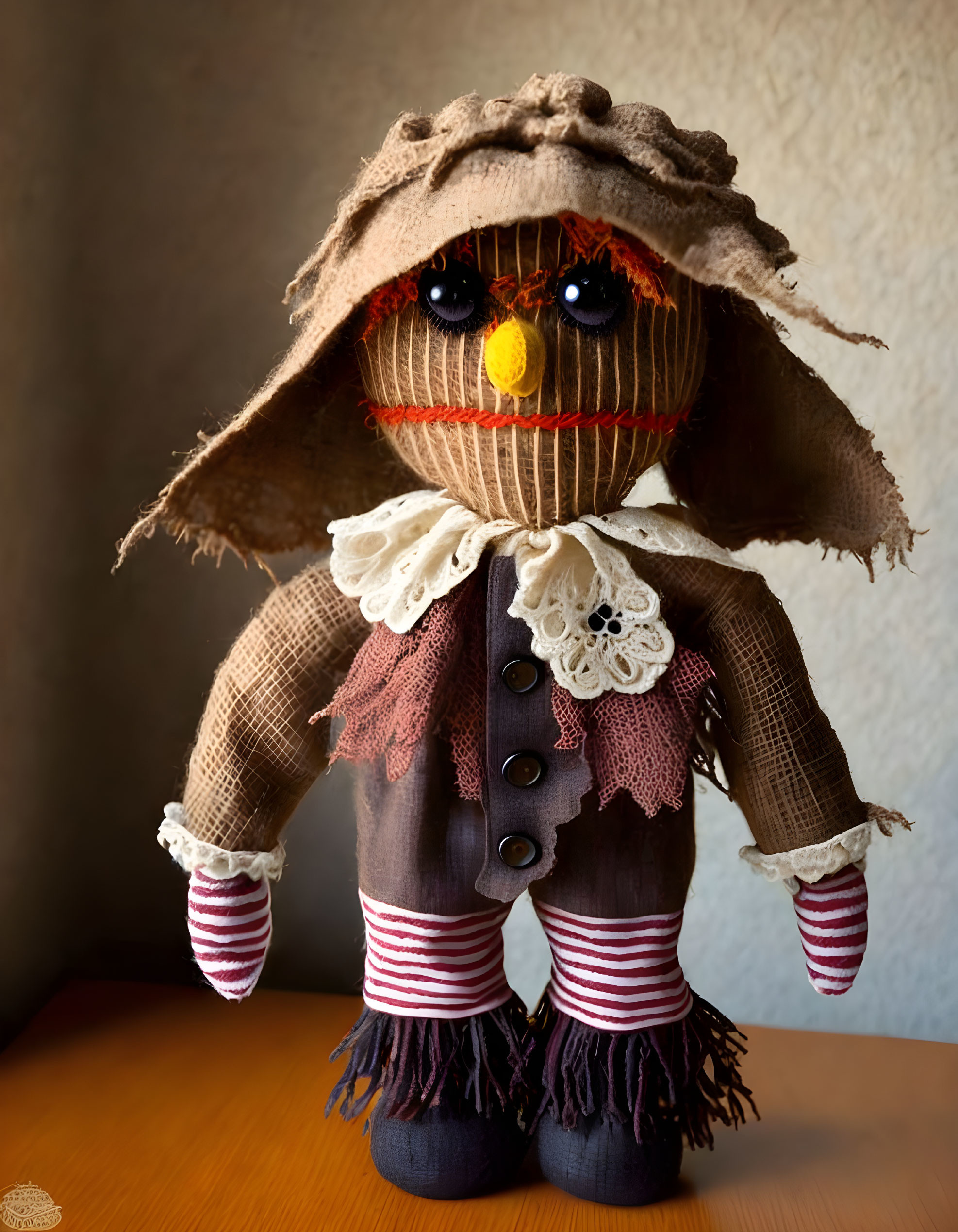 Handmade burlap doll with button eyes and stitched smile on neutral background