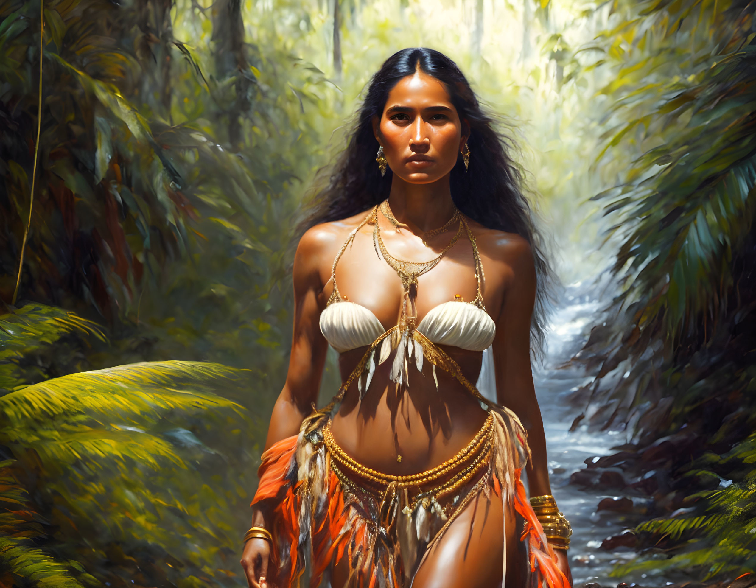 Woman in tribal attire strolling in sunlit forest