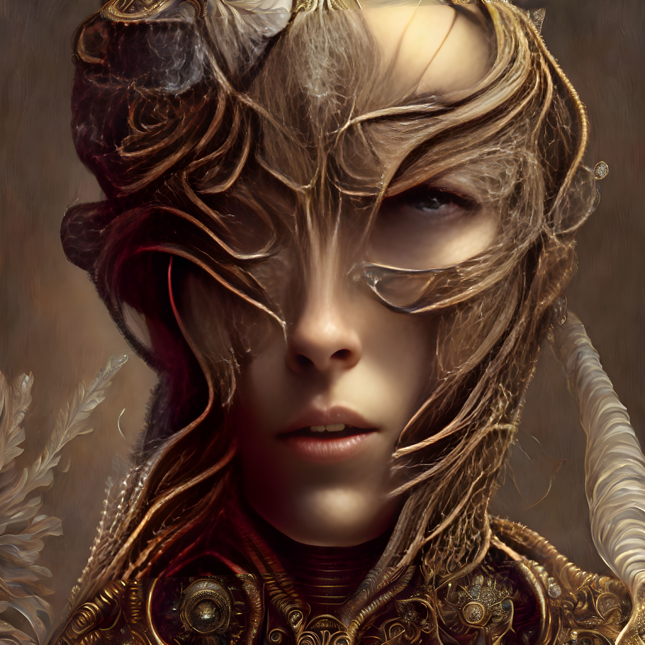 Detailed digital artwork: Person in golden armor with feathered helmet, windswept hair.