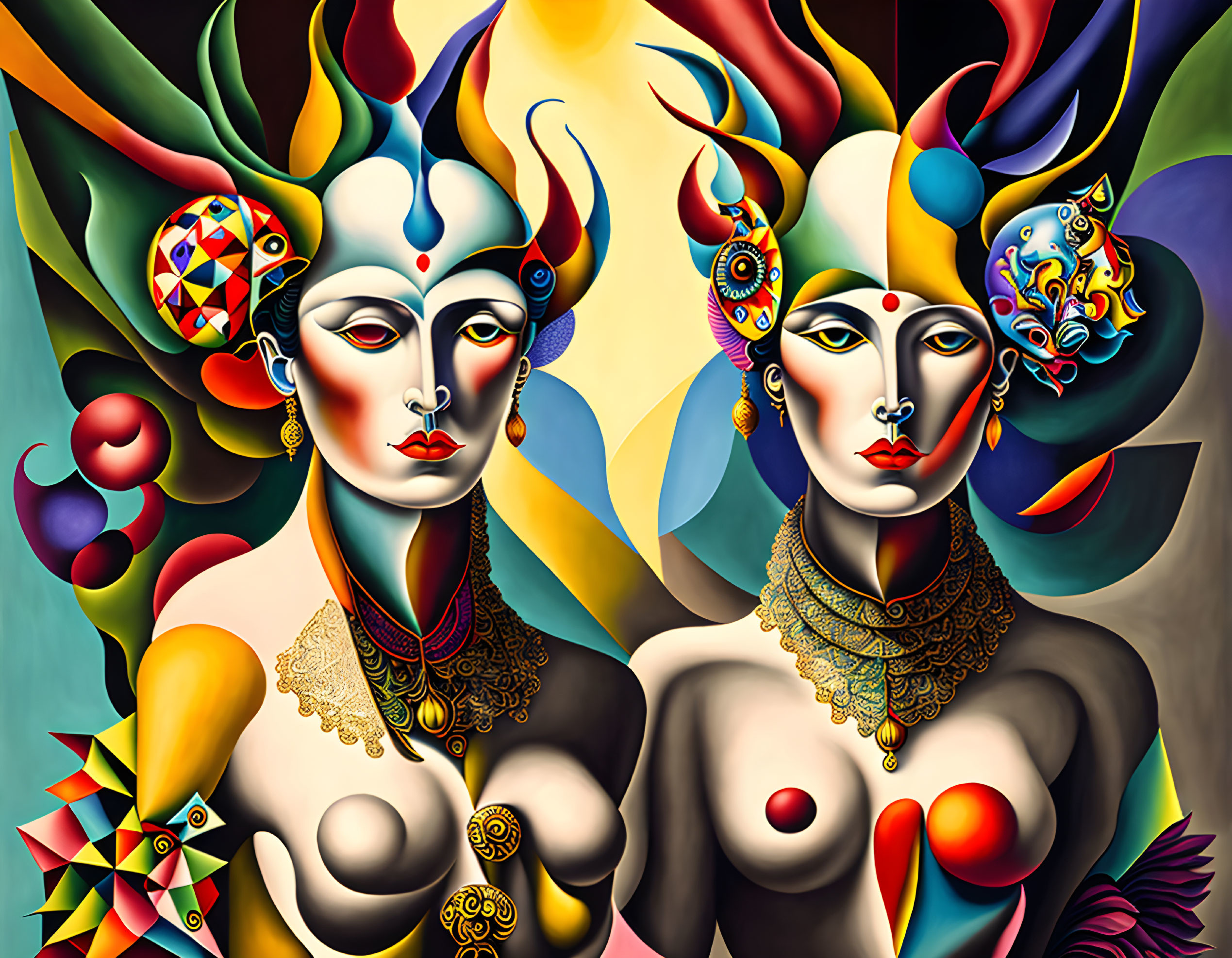 Vibrant surrealist painting of figures with decorative headdresses and intricate jewelry